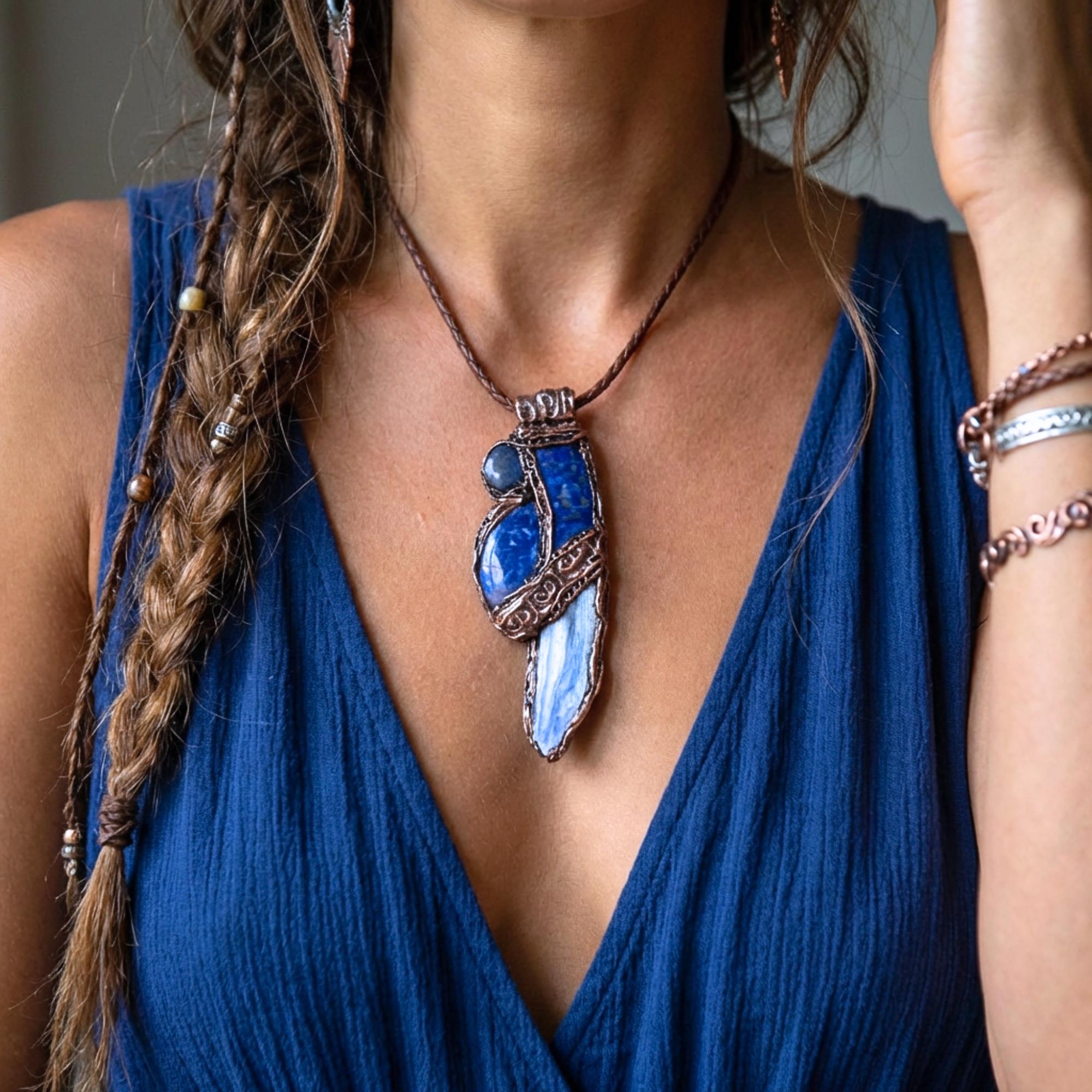 Lapis Lazuli and Blue Kyanite Crystal Pendant Necklace - Raw Healing Stone Amulet