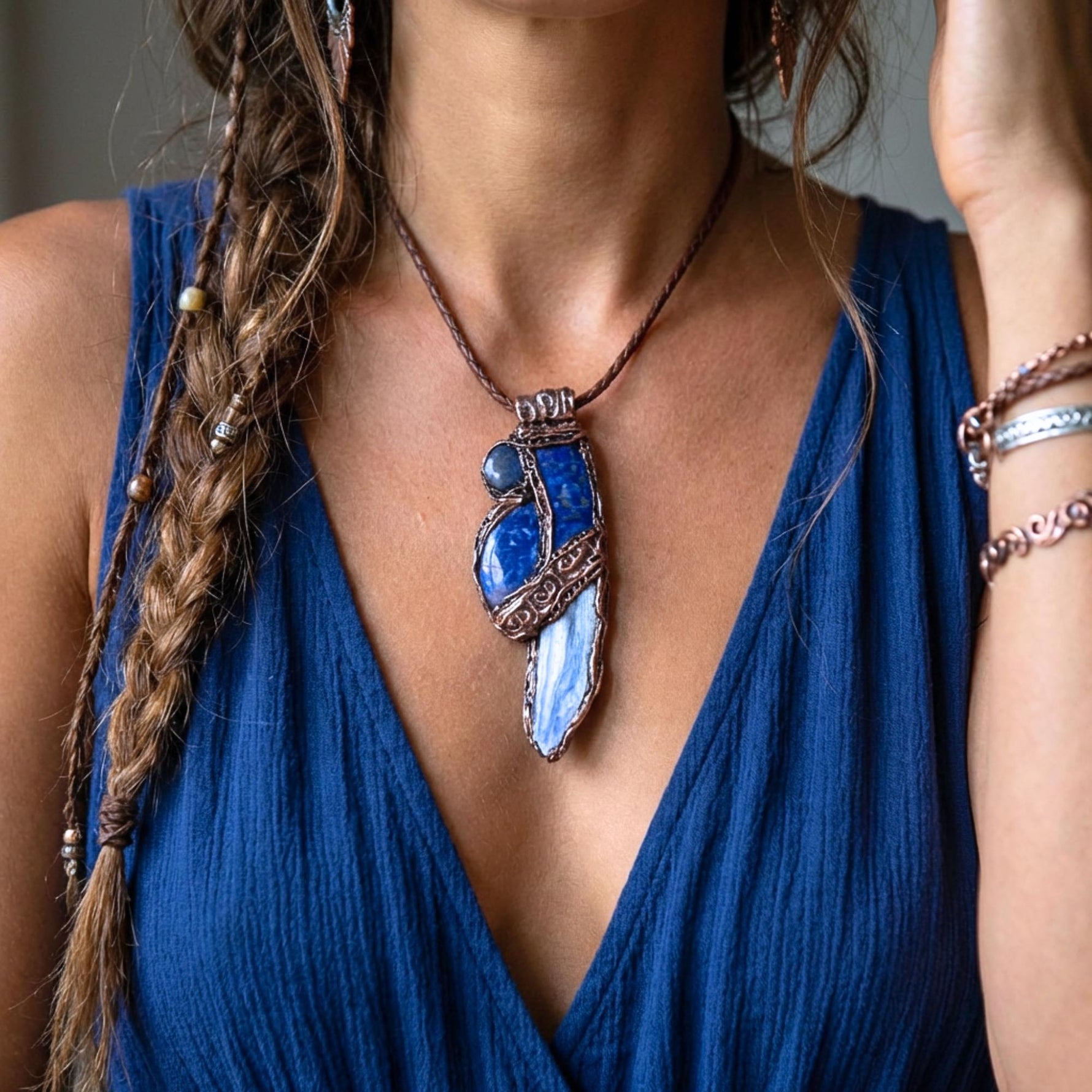 Lapis Lazuli and Blue Kyanite Crystal Pendant Necklace - Raw Healing Stone Amulet