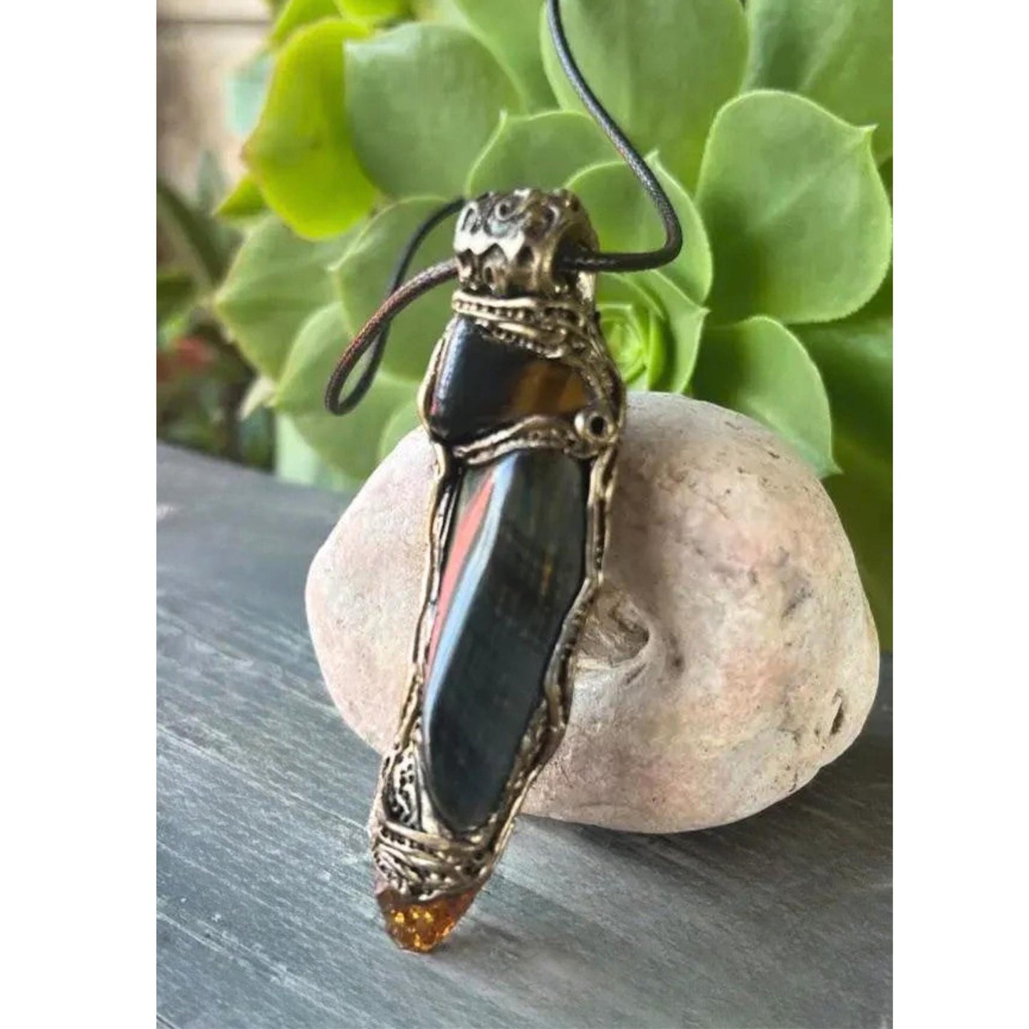 Tigers Eye and Citrine Pendant Necklace - Crystal Amulet