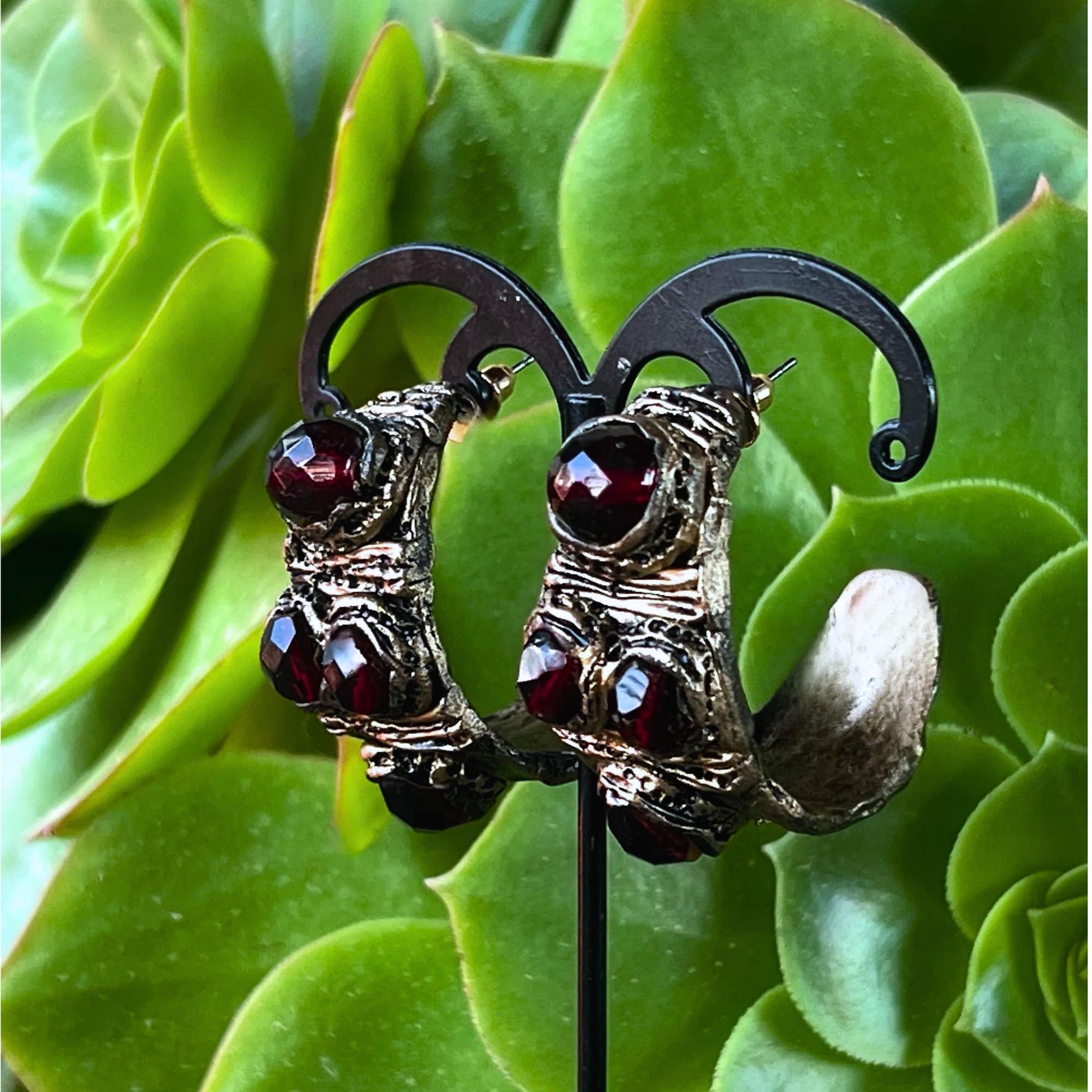 Garnet Wide Half Hoop Earrings -  Burgundy Dark Red Statement Earrings