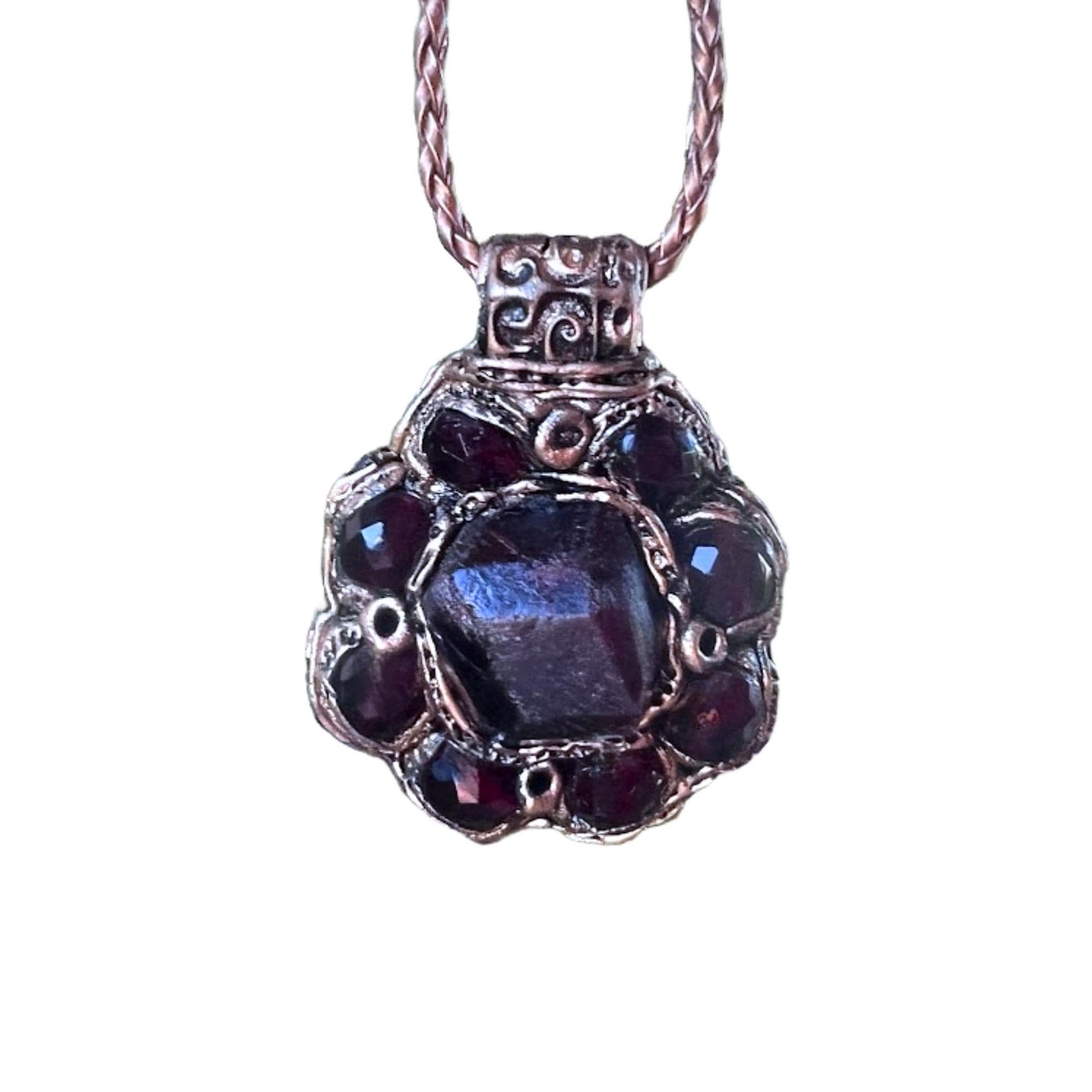 Raw Garnet choker stone necklace red flower crystal pendant