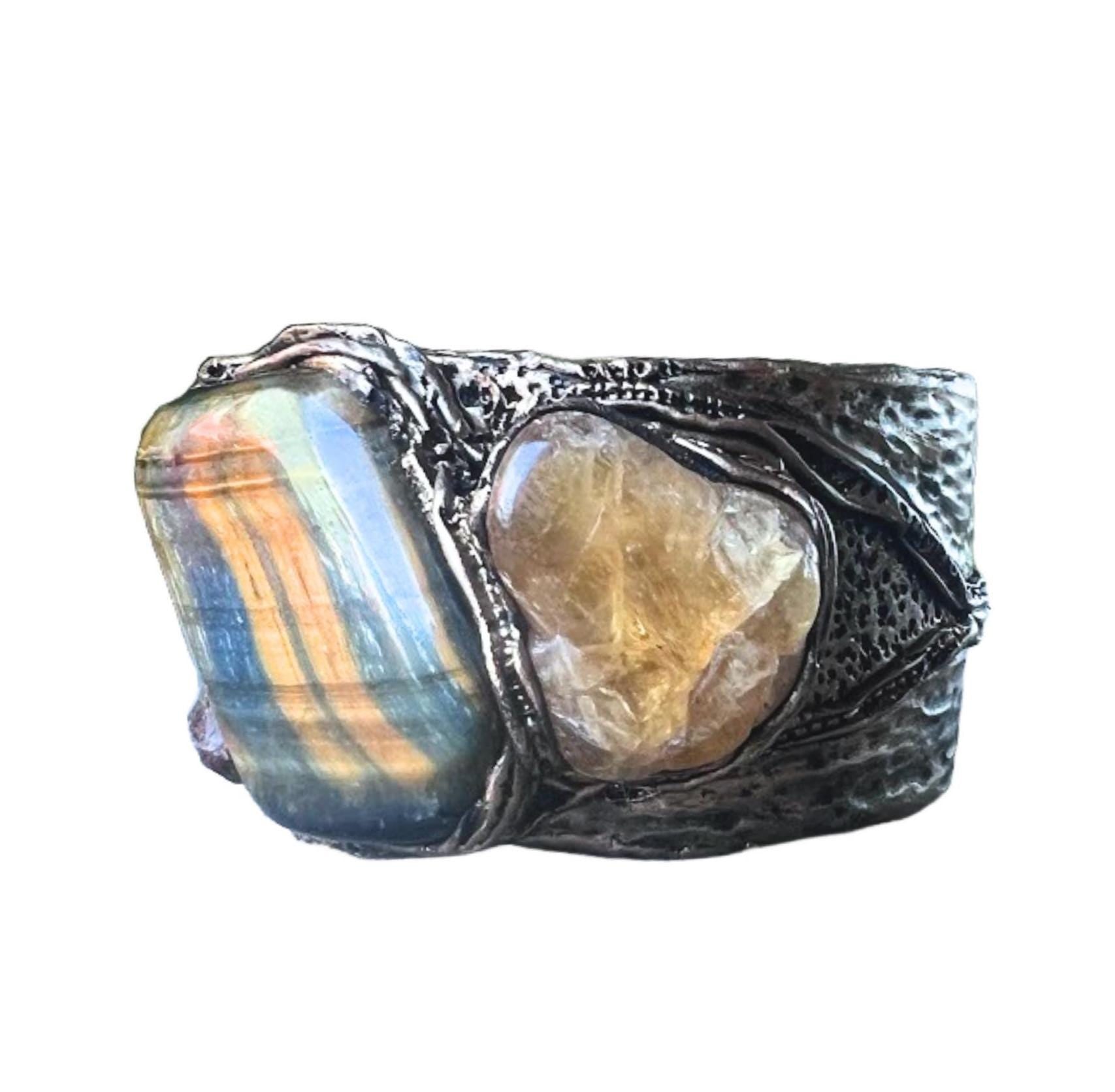 Tiger Eye & Citrine Wide Cuff Bracelet: Chunky Stone Jewelry