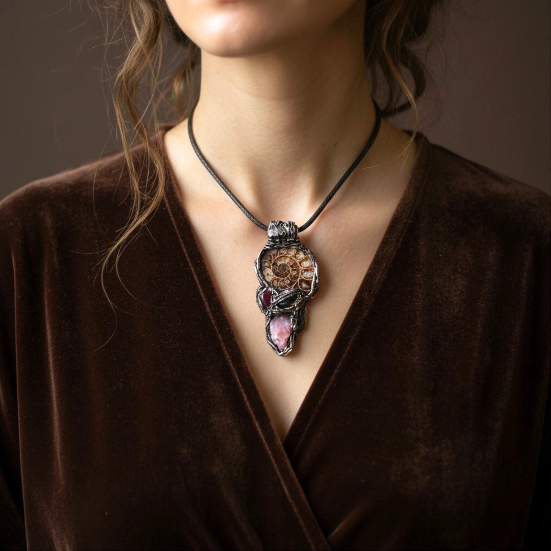 Ammonite Fossil, Carnelian & Sunstone Crystal Pendant - Vitality Talisman