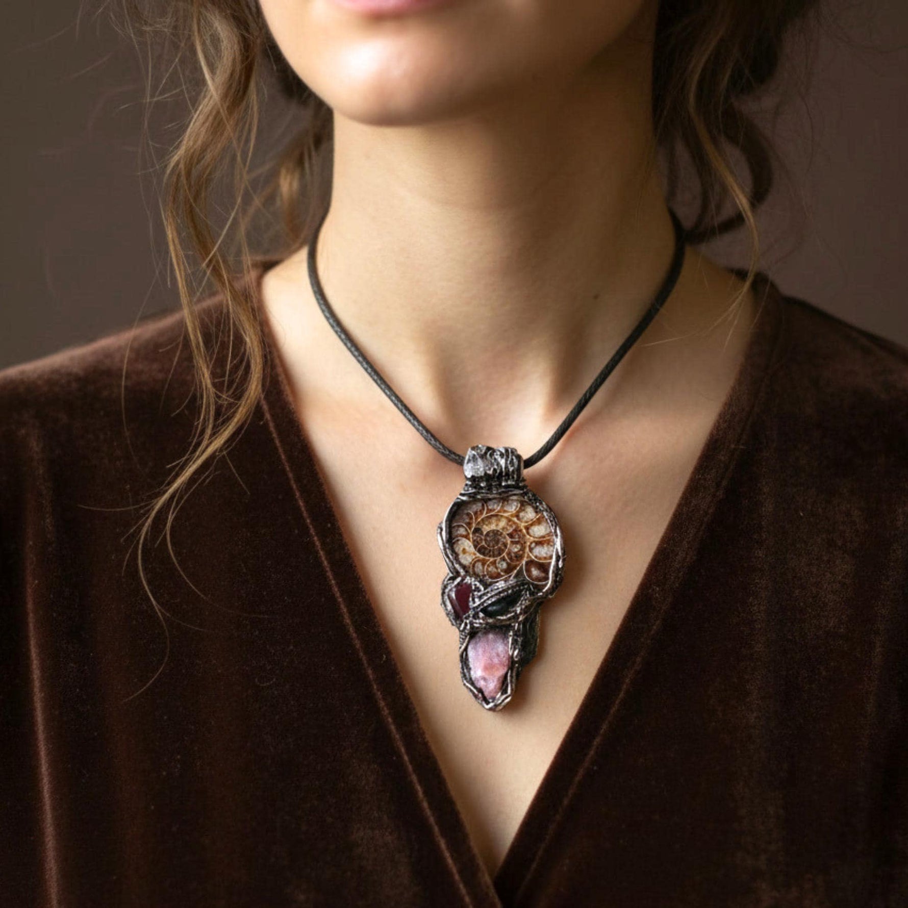 Ammonite Fossil, Carnelian & Sunstone Crystal Pendant - Vitality Talisman