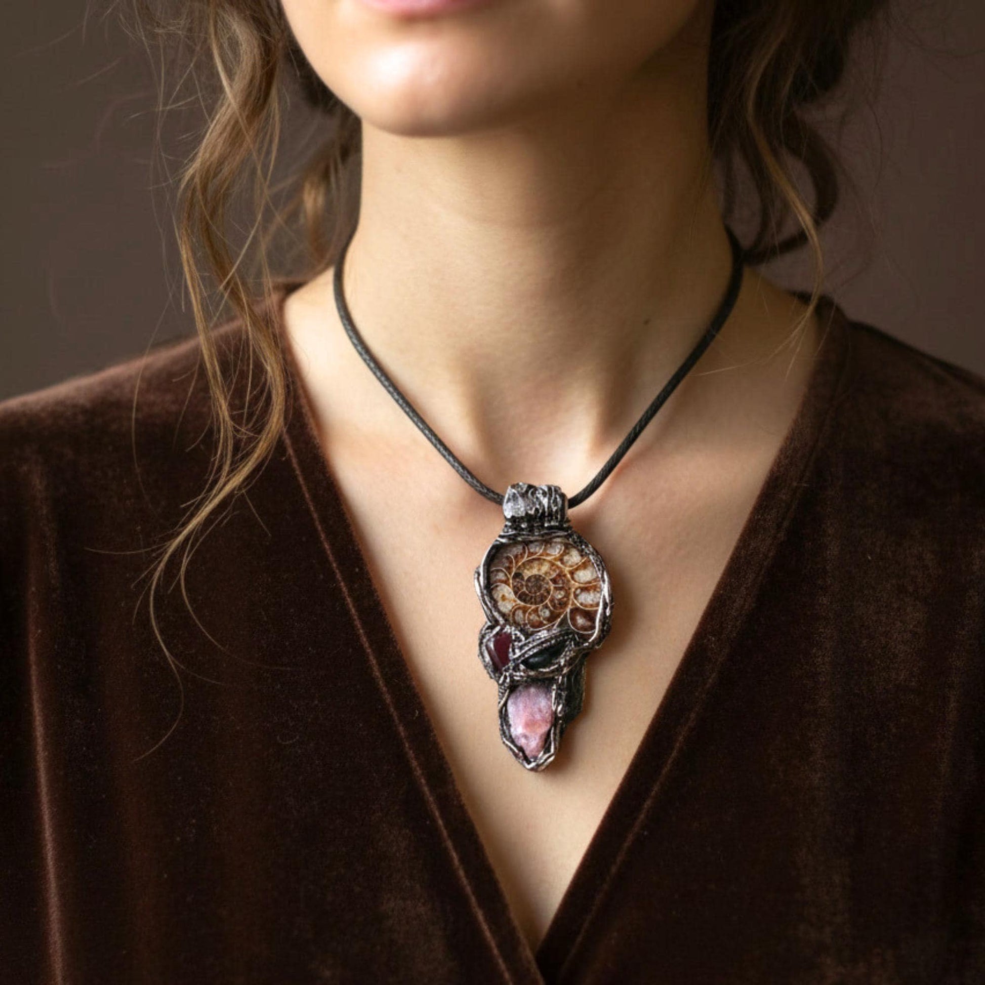 Ammonite Fossil, Carnelian & Sunstone Crystal Pendant - Vitality Talisman