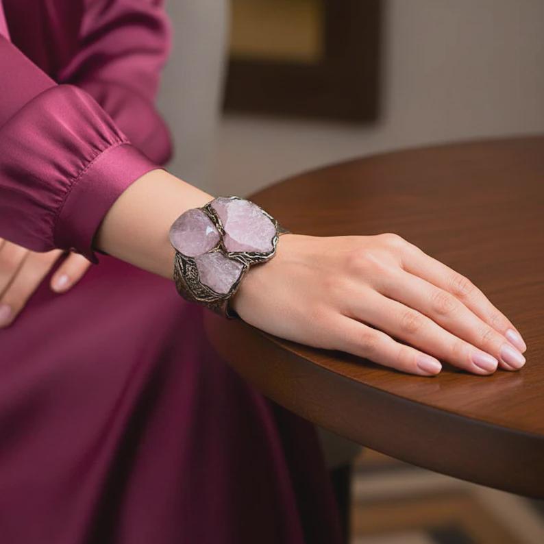 Raw Rose Quartz Oversized Ring -  Chunky Pink Crystal Statement Cocktail Ring