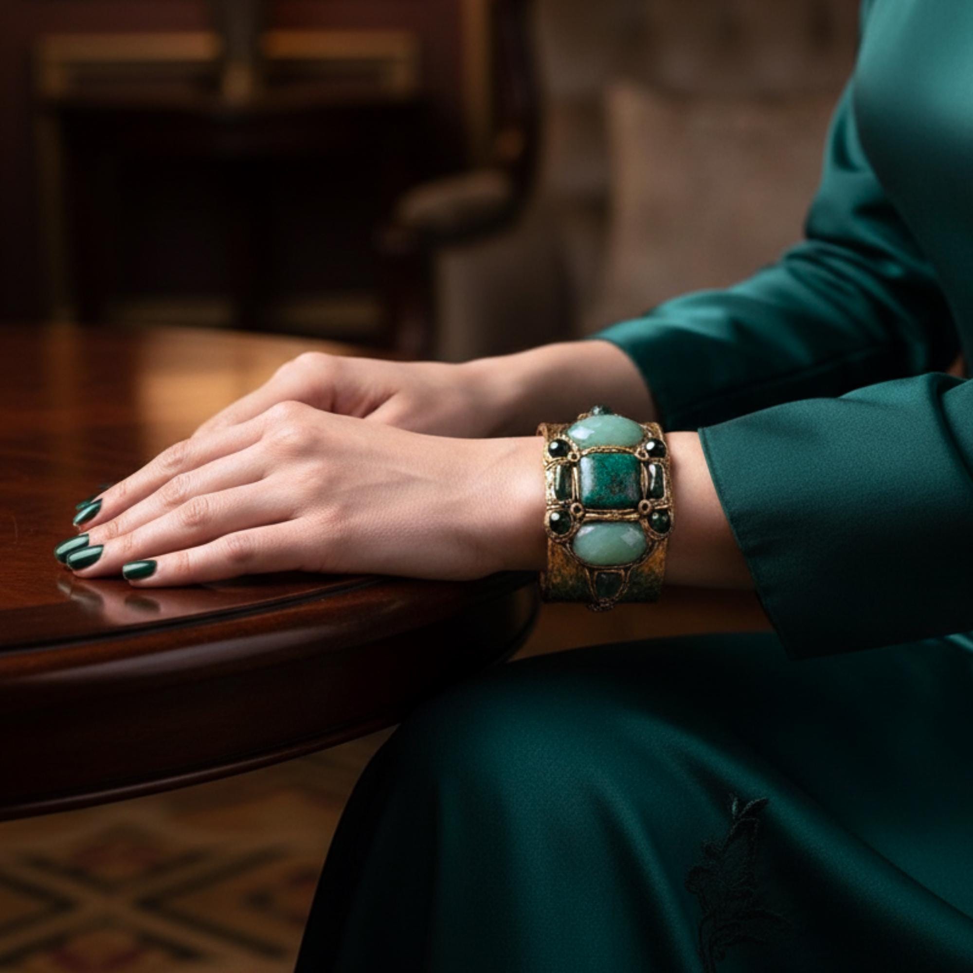 Aventurine and Chrysocolla Wide Cuff - Green Stone Statement Bracelet