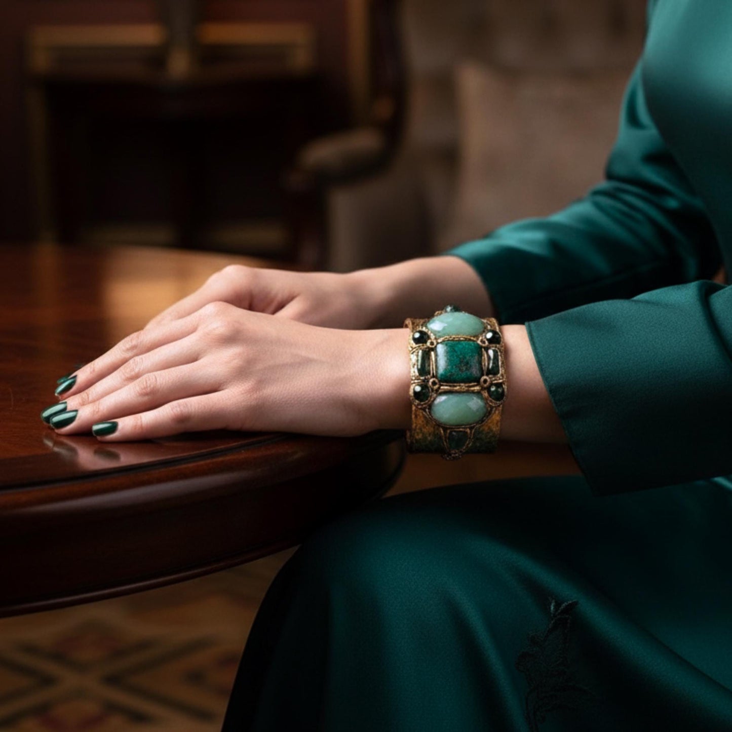 Aventurine and Chrysocolla Wide Cuff - Green Stone Statement Bracelet