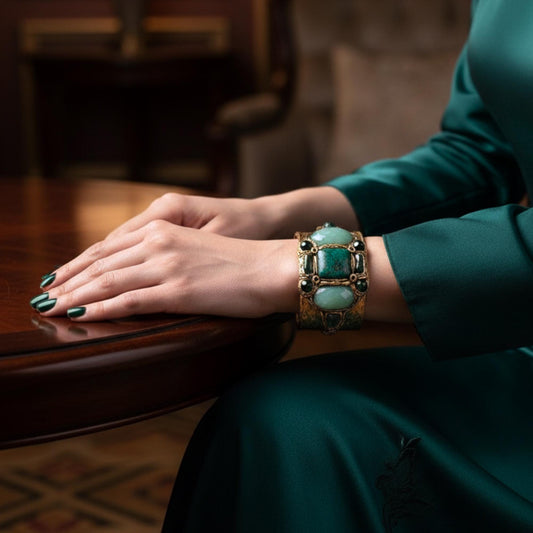 Aventurine and Chrysocolla Wide Cuff - Green Stone Statement Bracelet