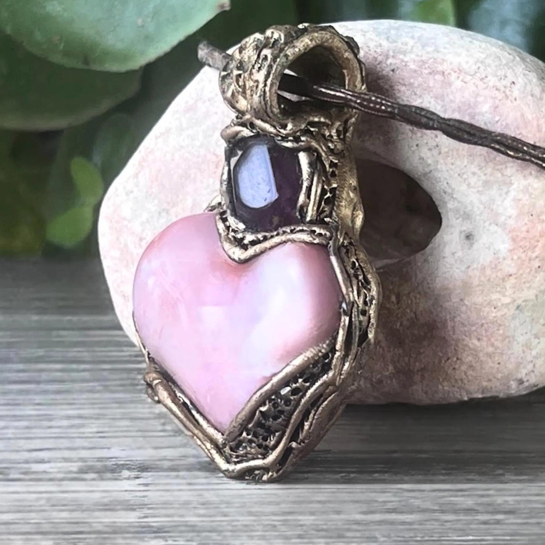 Pink Botswana Agate and Fluorite Heart Pendant Necklace -  Large Crystal Amulet