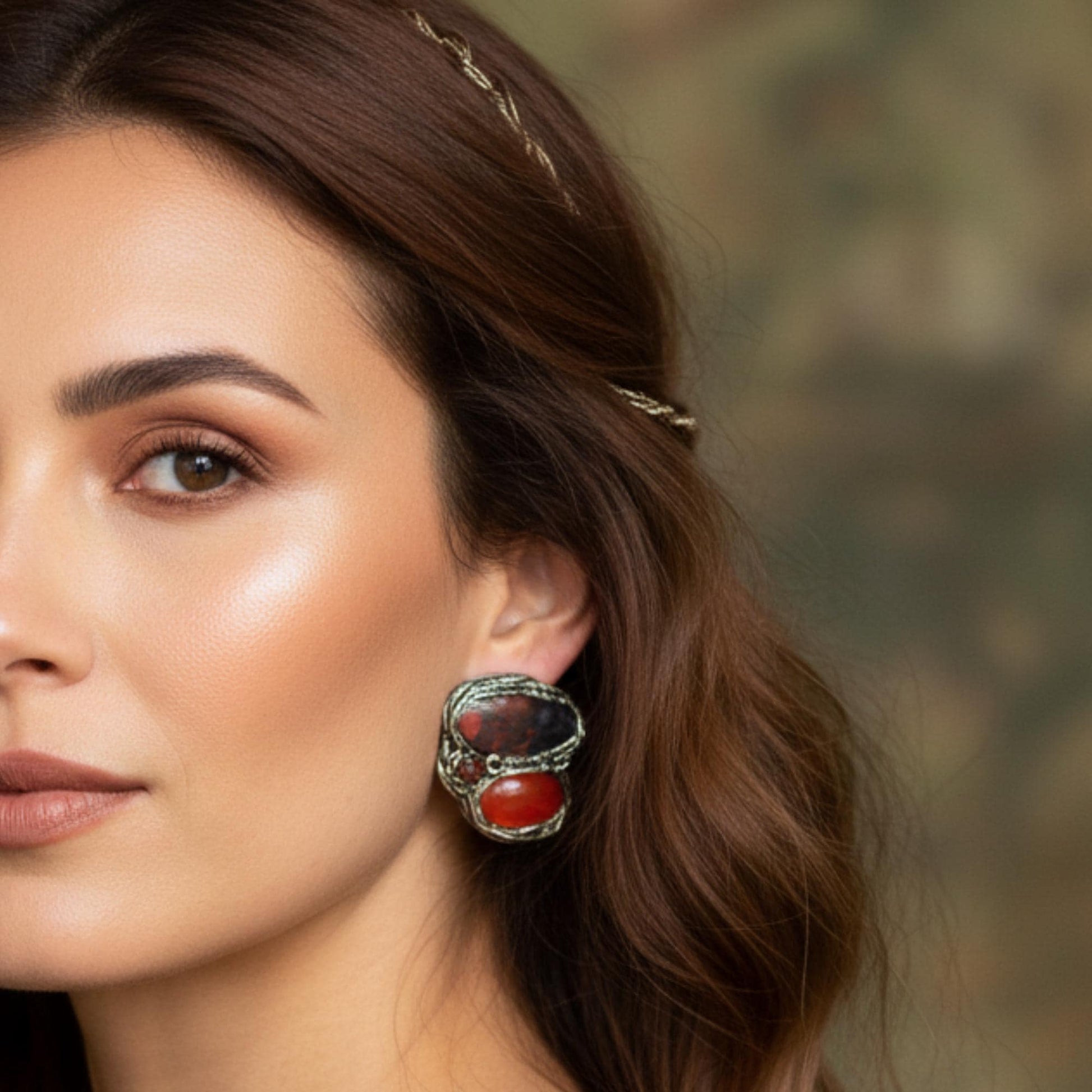 Carnelian and Jasper Statement Earrings -  Red Stone Clip-On Earrings
