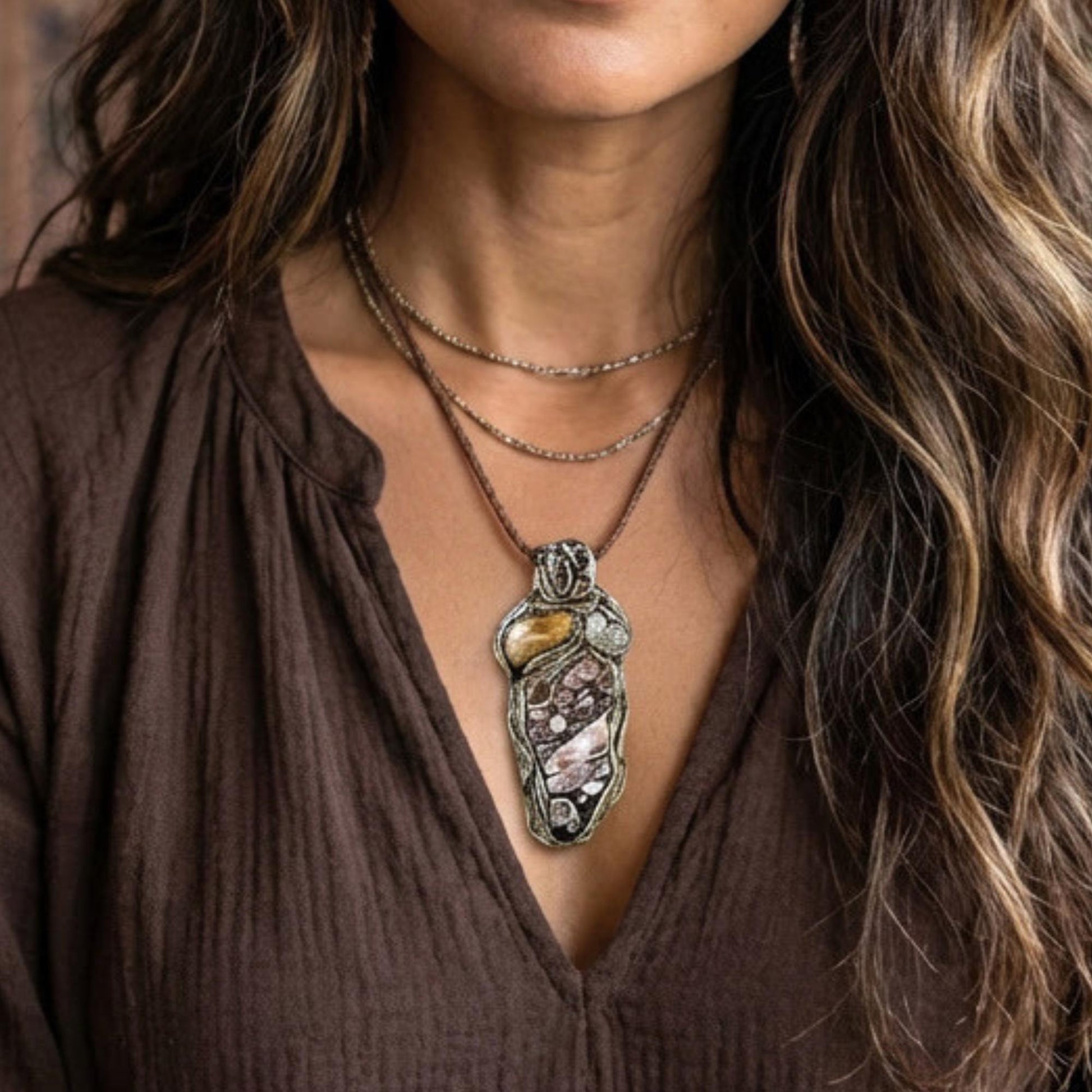 Citrine Pyrite and Turritella Agate Necklace -  Amulet for Abundance and Stability