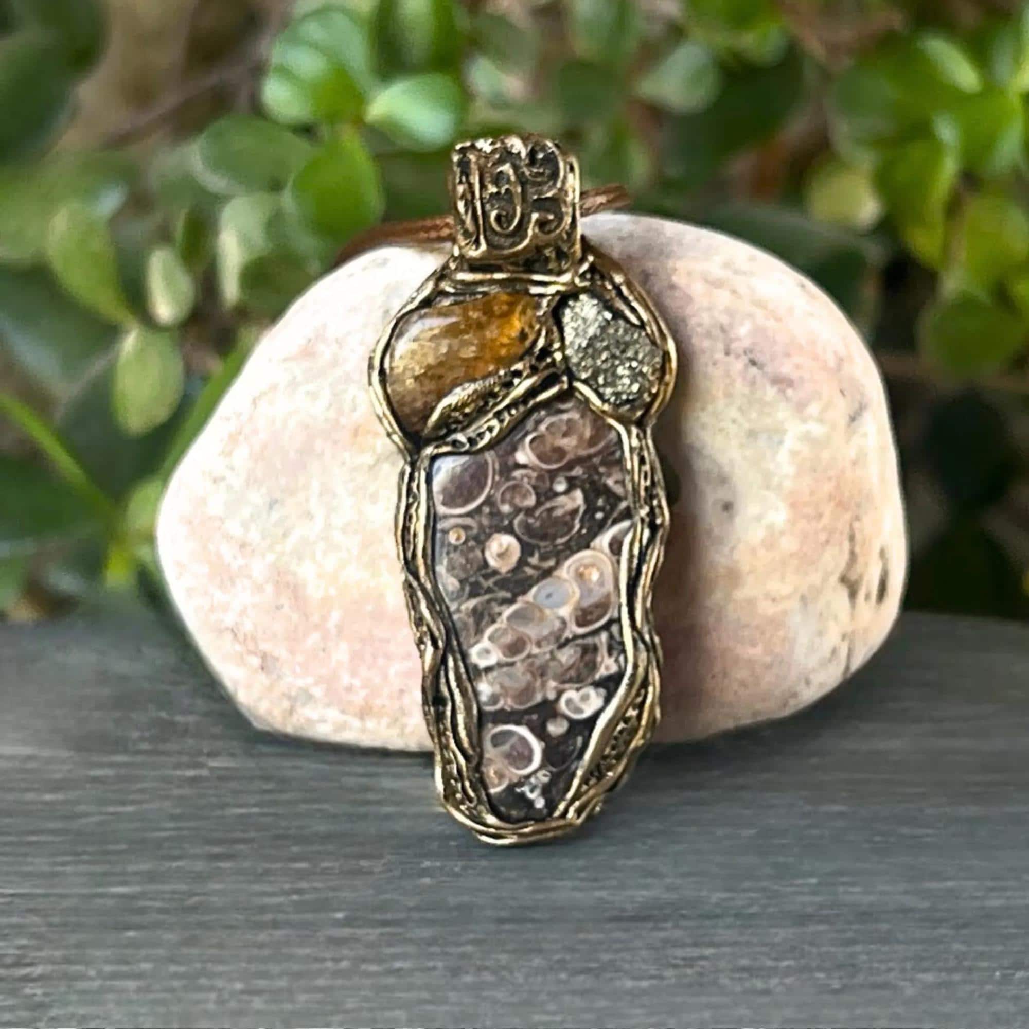 Citrine Pyrite and Turritella Agate Necklace -  Amulet for Abundance and Stability