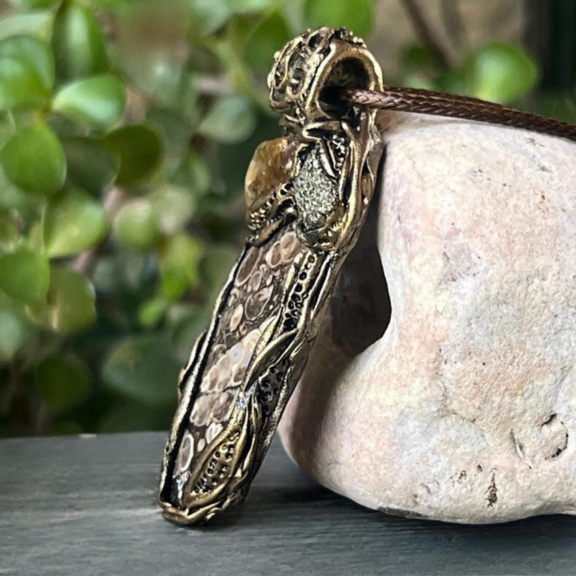 Citrine Pyrite and Turritella Agate Necklace -  Amulet for Abundance and Stability