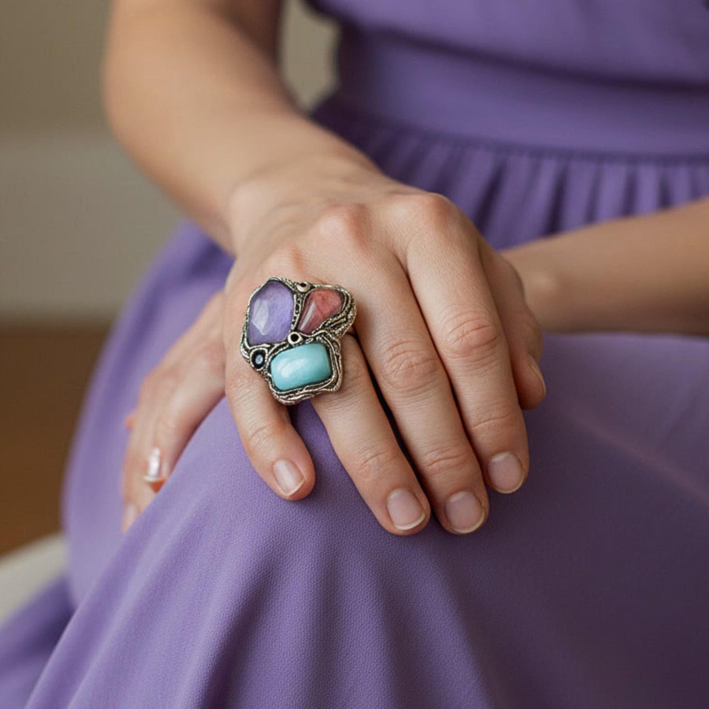 Chrysoprase Cherry Quartz and Chalcedony Statement Ring -  Oversized Chunky Cocktail Ring