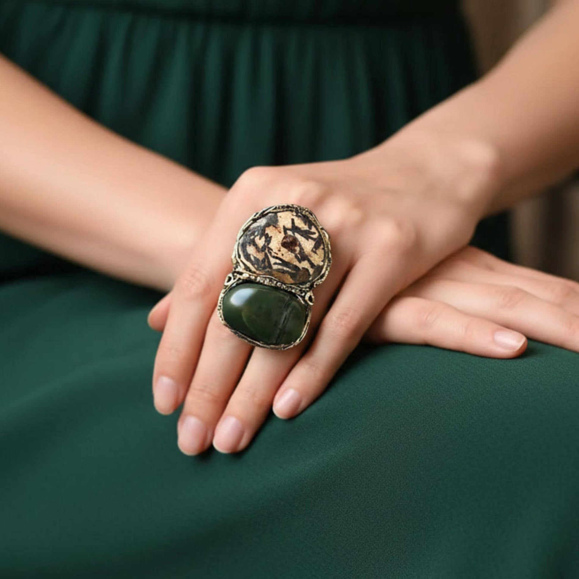 Jade and Grass Garnet Statement Ring - Chunky Green Stone Cocktail Ring