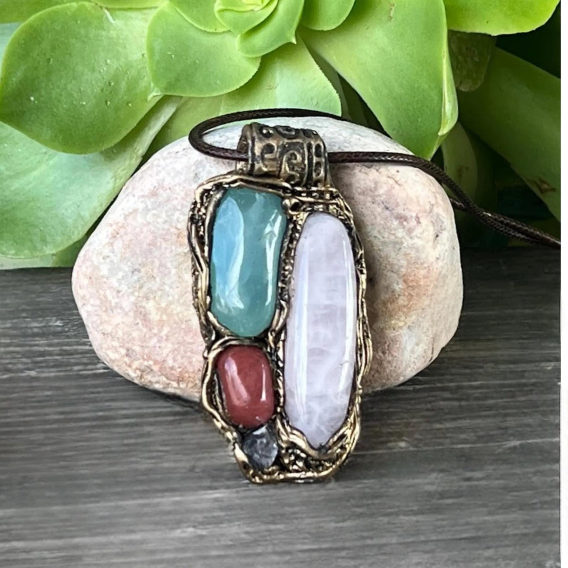 Rose Quartz Cherry Quartz Onyx Pendant Necklace Pink Green Crystal Amulet