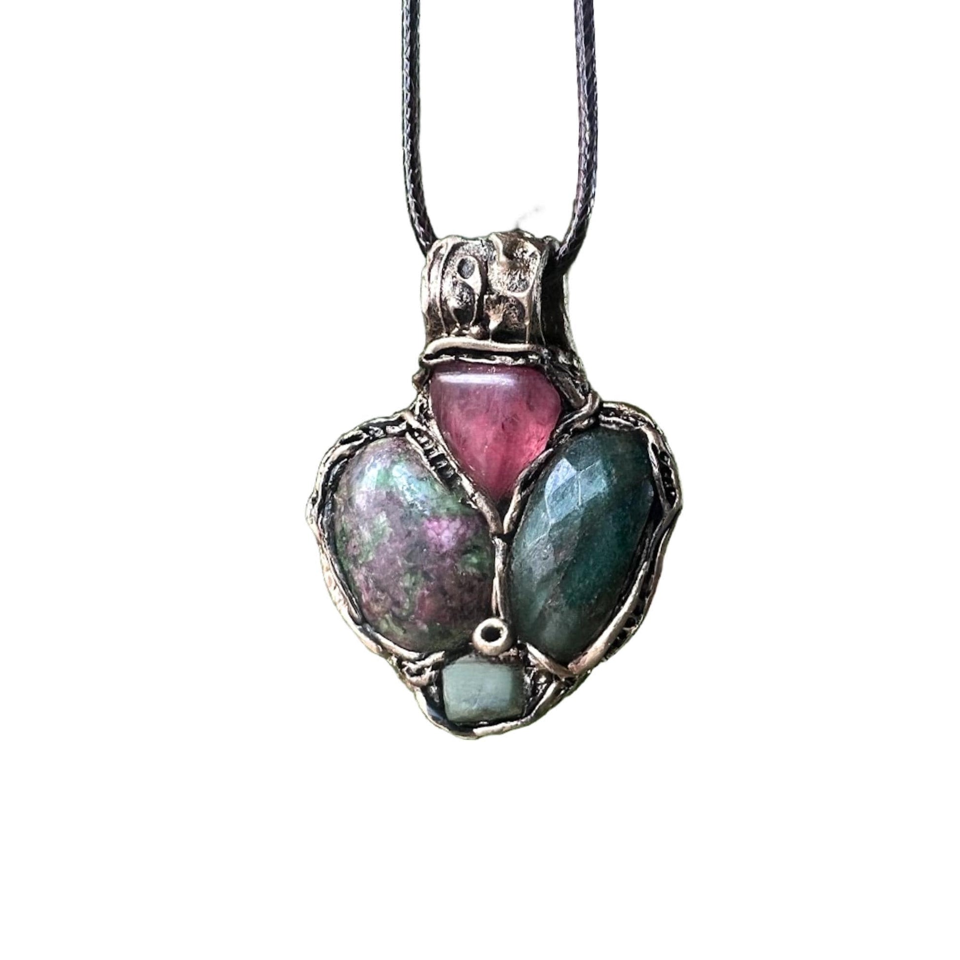 Ruby Zoisite Jade and Cherry Quartz Pendant Necklace -  Green Pink Crystal Amulet