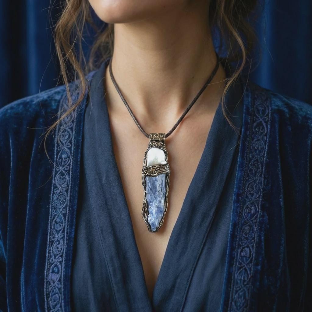 Blue Kyanite and Baroque Pearl Necklace -  Raw Crystal Healing Amulet