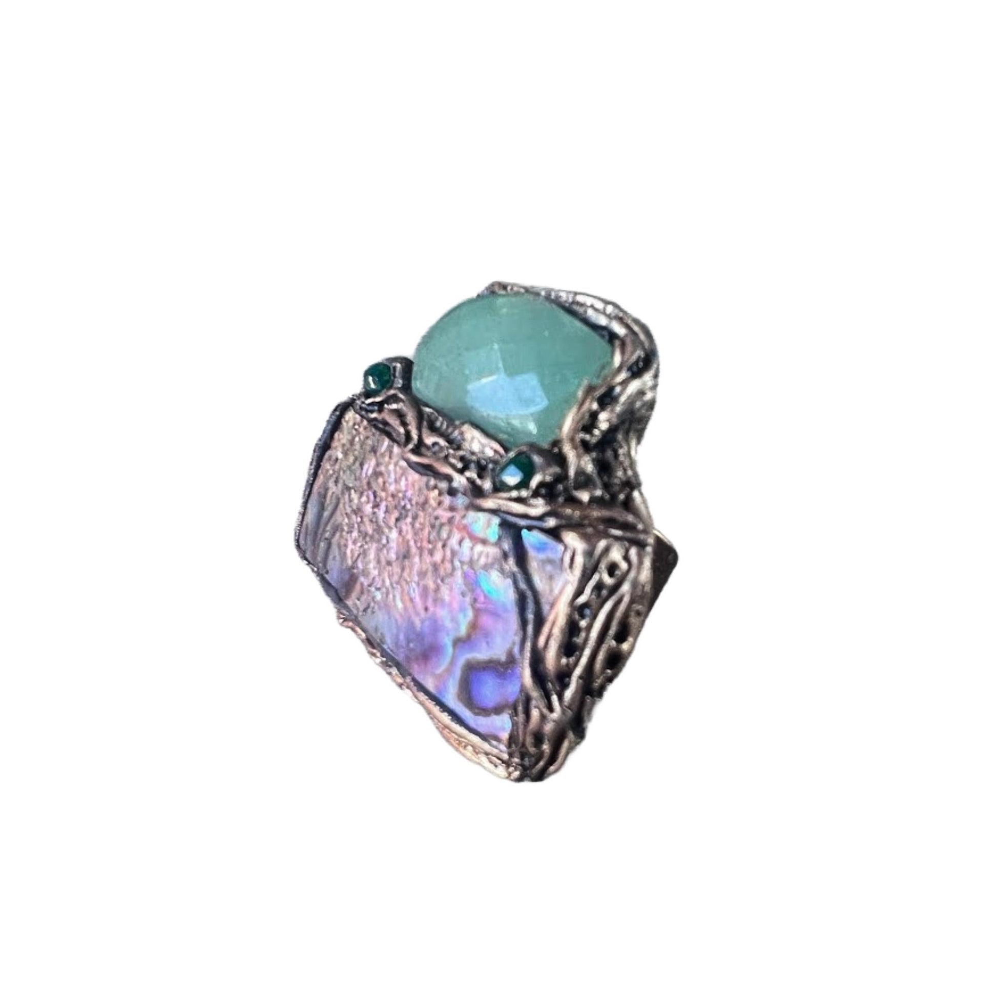 Abalone and Green Aventurine Chunky Ring Huge Large  Mother of Pearl Cocktail Ring