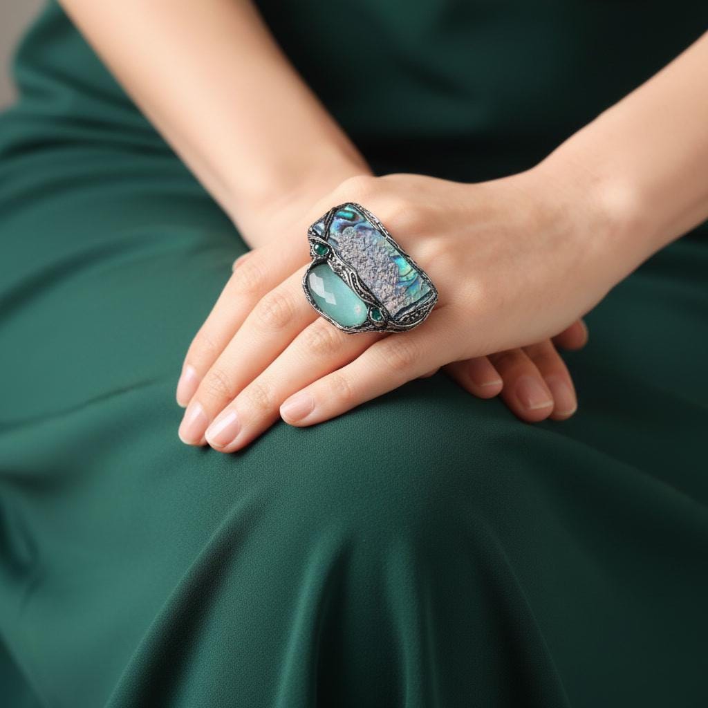 Abalone and Green Aventurine Chunky Ring Huge Large  Mother of Pearl Cocktail Ring