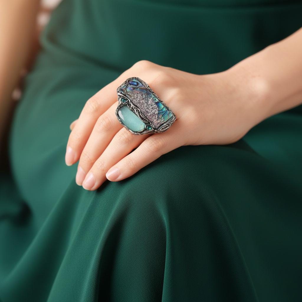 Abalone and Green Aventurine Chunky Ring Huge Large  Mother of Pearl Cocktail Ring