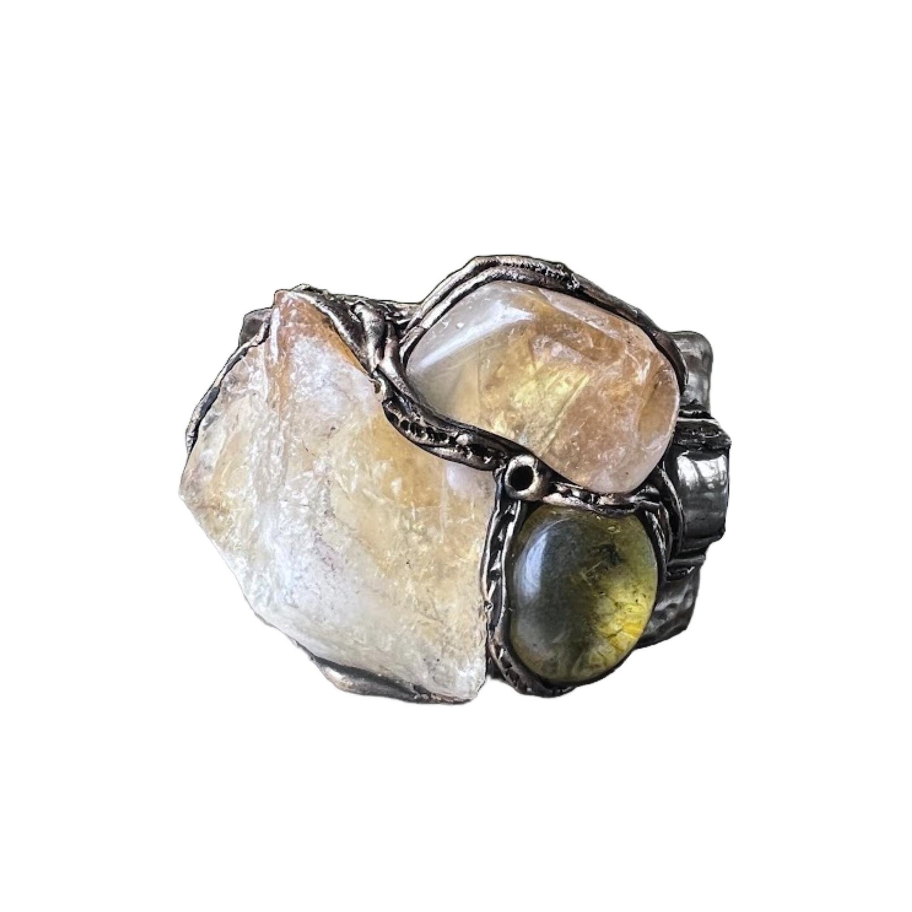 Citrine Crystal Chunky Cuff Bracelet with Pyrite & Sunstone - Statement Gemstone Jewelry
