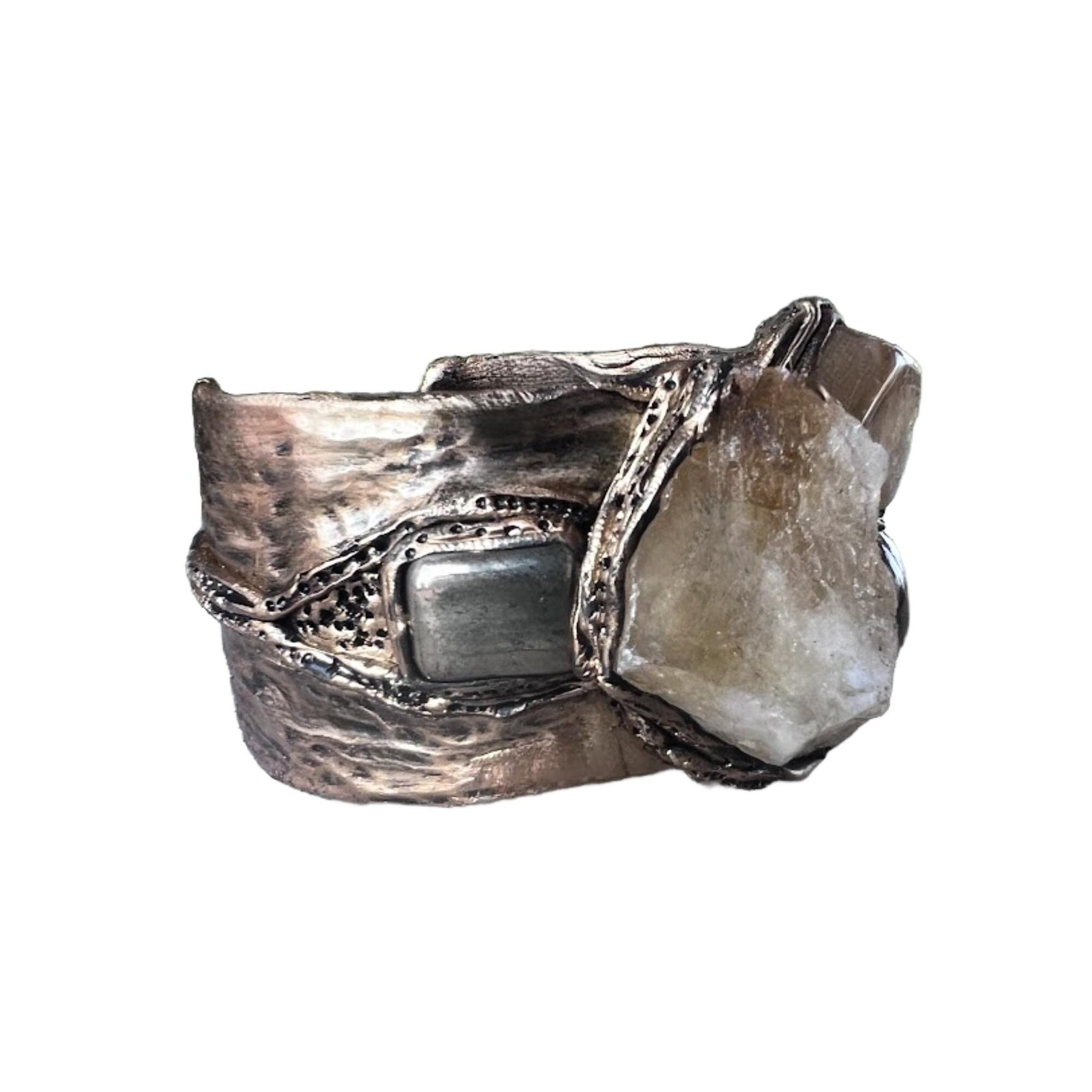 Citrine Crystal Chunky Cuff Bracelet with Pyrite & Sunstone - Statement Gemstone Jewelry