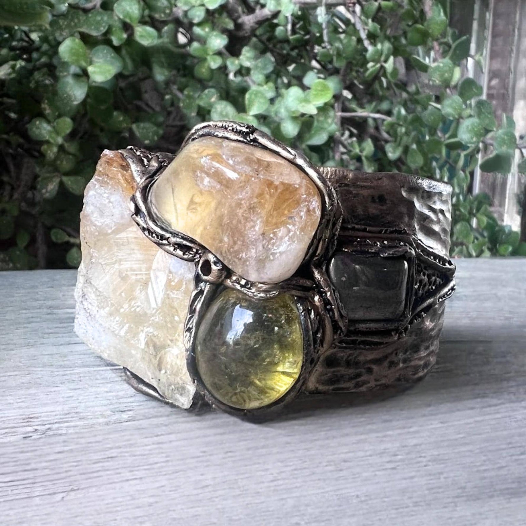 Citrine Crystal Chunky Cuff Bracelet with Pyrite & Sunstone - Statement Gemstone Jewelry