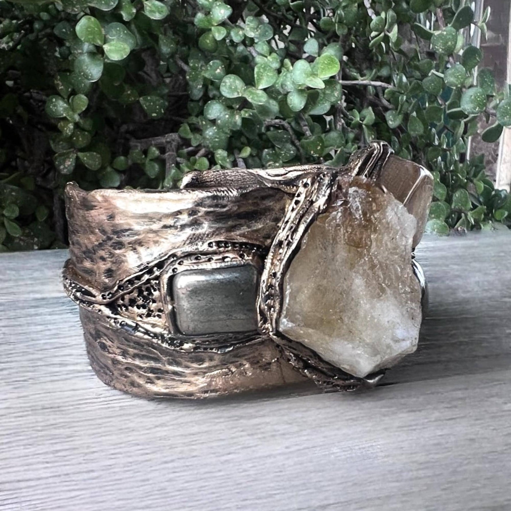 Citrine Crystal Chunky Cuff Bracelet with Pyrite & Sunstone - Statement Gemstone Jewelry