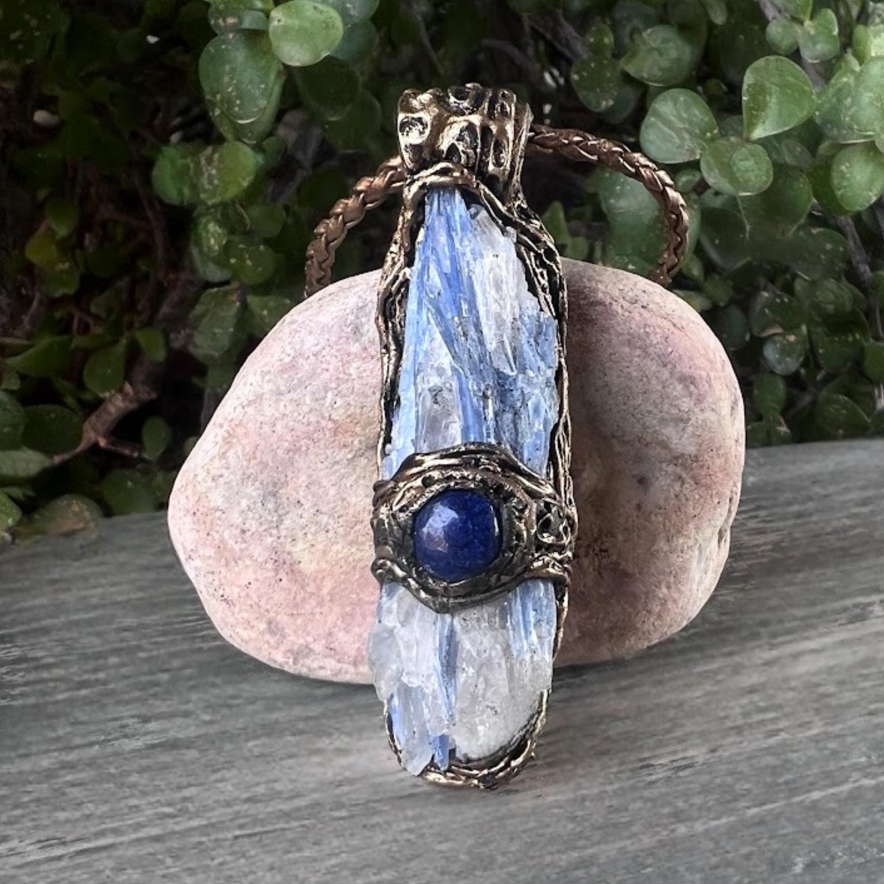 Blue Kyanite and Lapis Lazuli Crystal Pendant Necklace - Raw Healing Stone Amulet