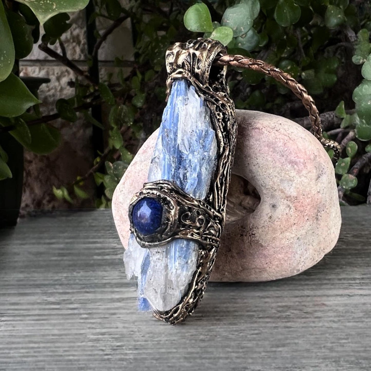 Blue Kyanite and Lapis Lazuli Crystal Pendant Necklace - Raw Healing Stone Amulet