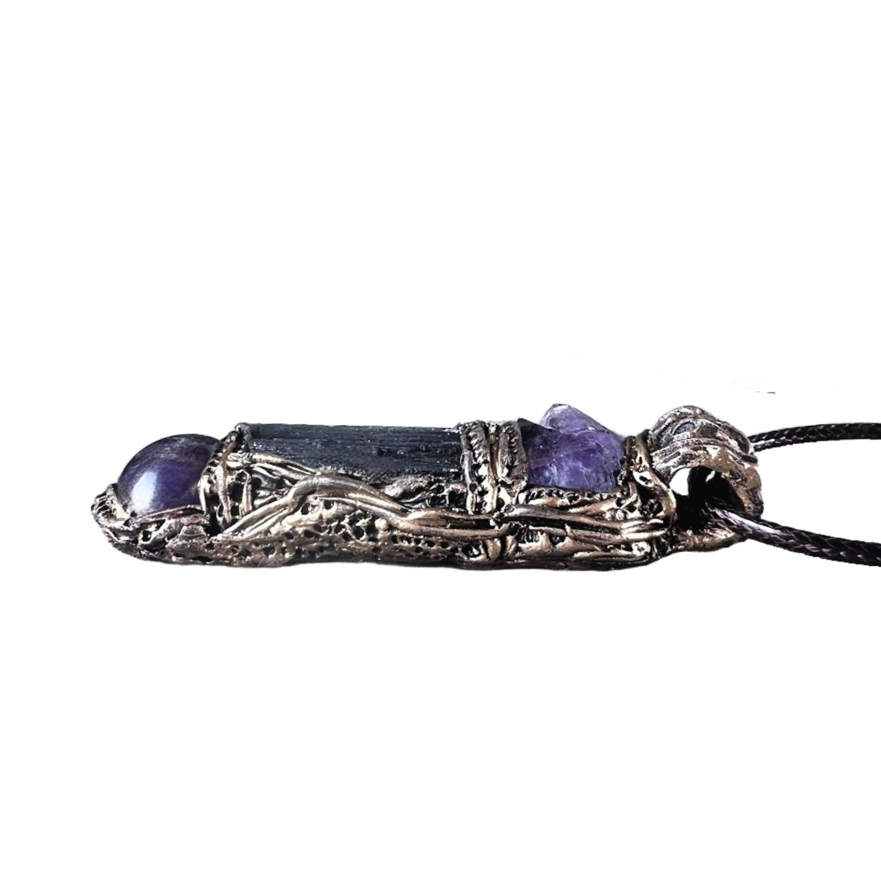 Black Tourmaline and Amethyst Pendant Necklace -  Empath Protection Crystal Amulet
