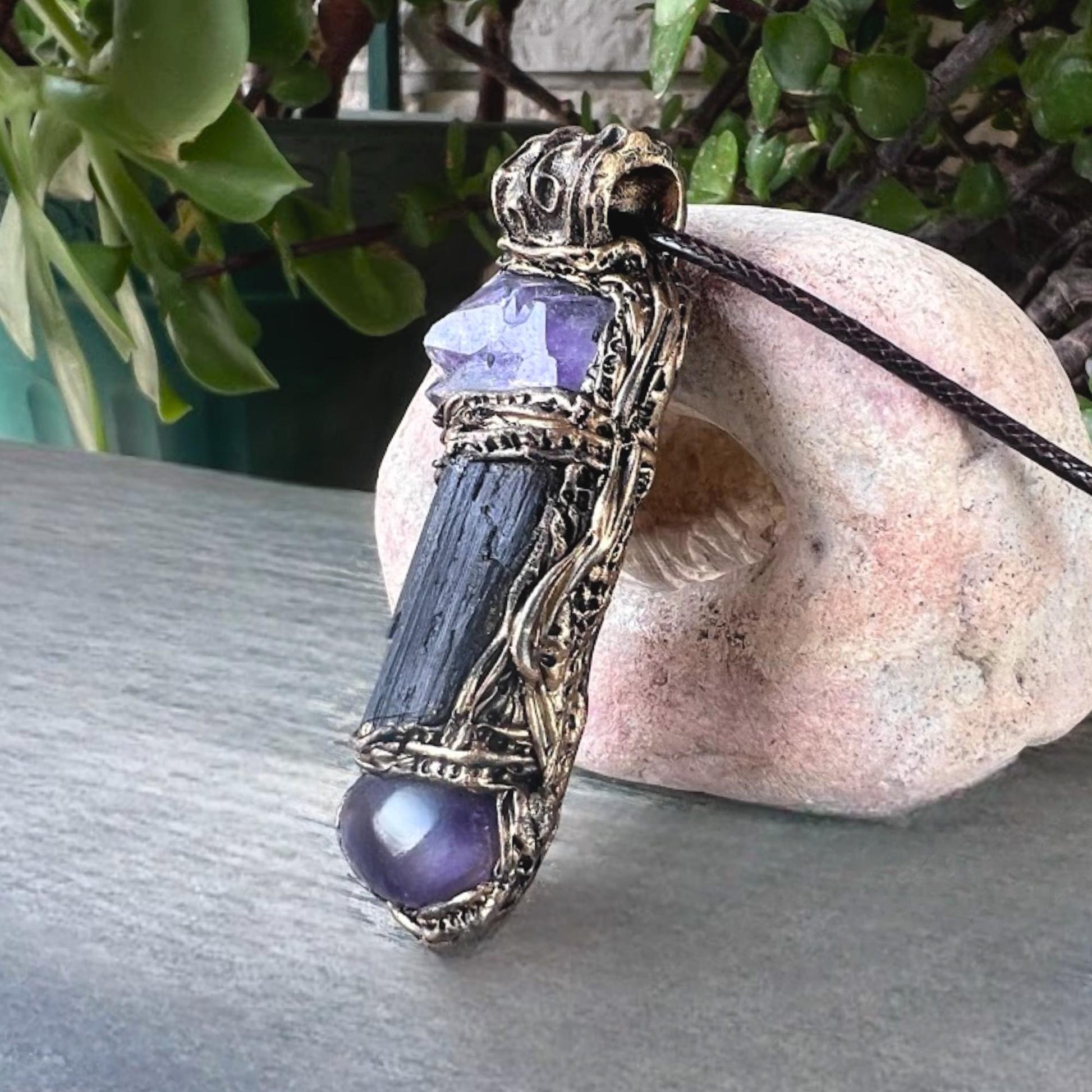 Black Tourmaline and Amethyst Pendant Necklace -  Empath Protection Crystal Amulet