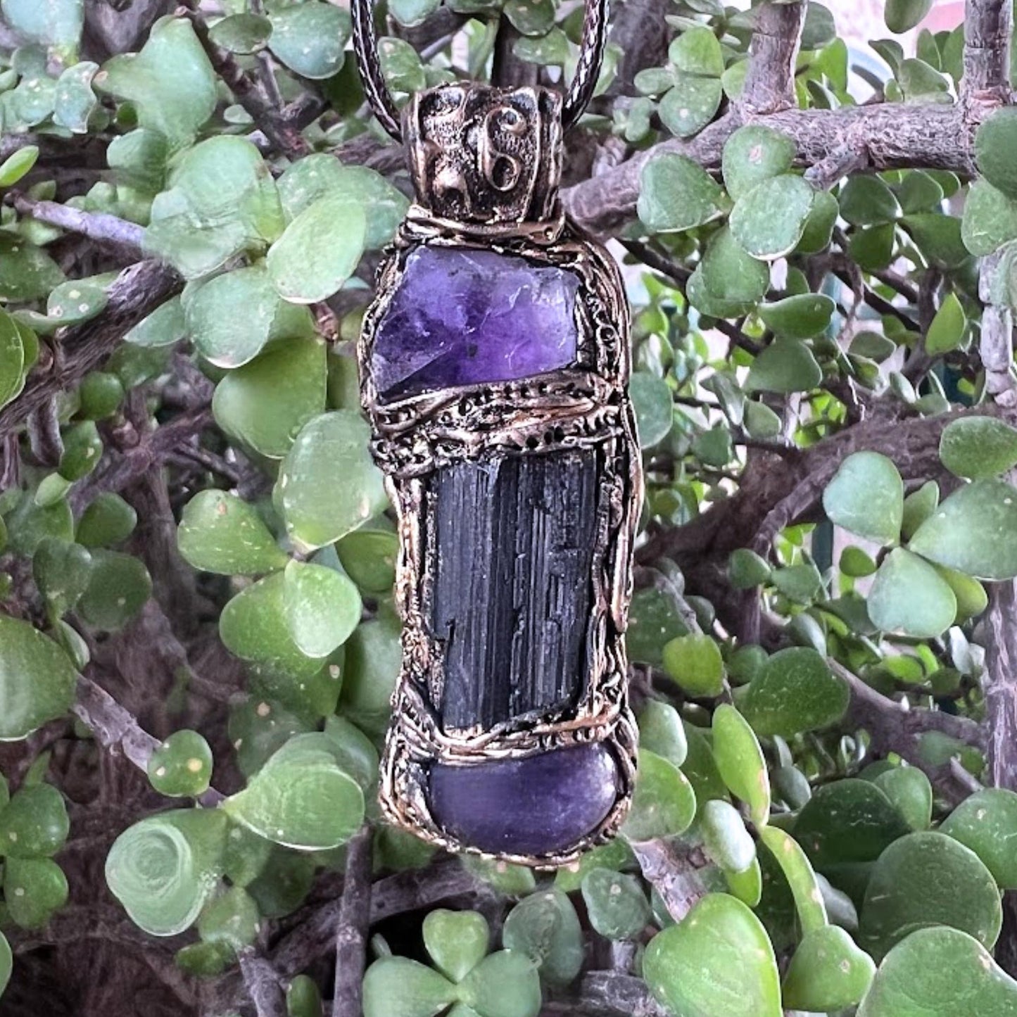Black Tourmaline and Amethyst Pendant Necklace -  Empath Protection Crystal Amulet