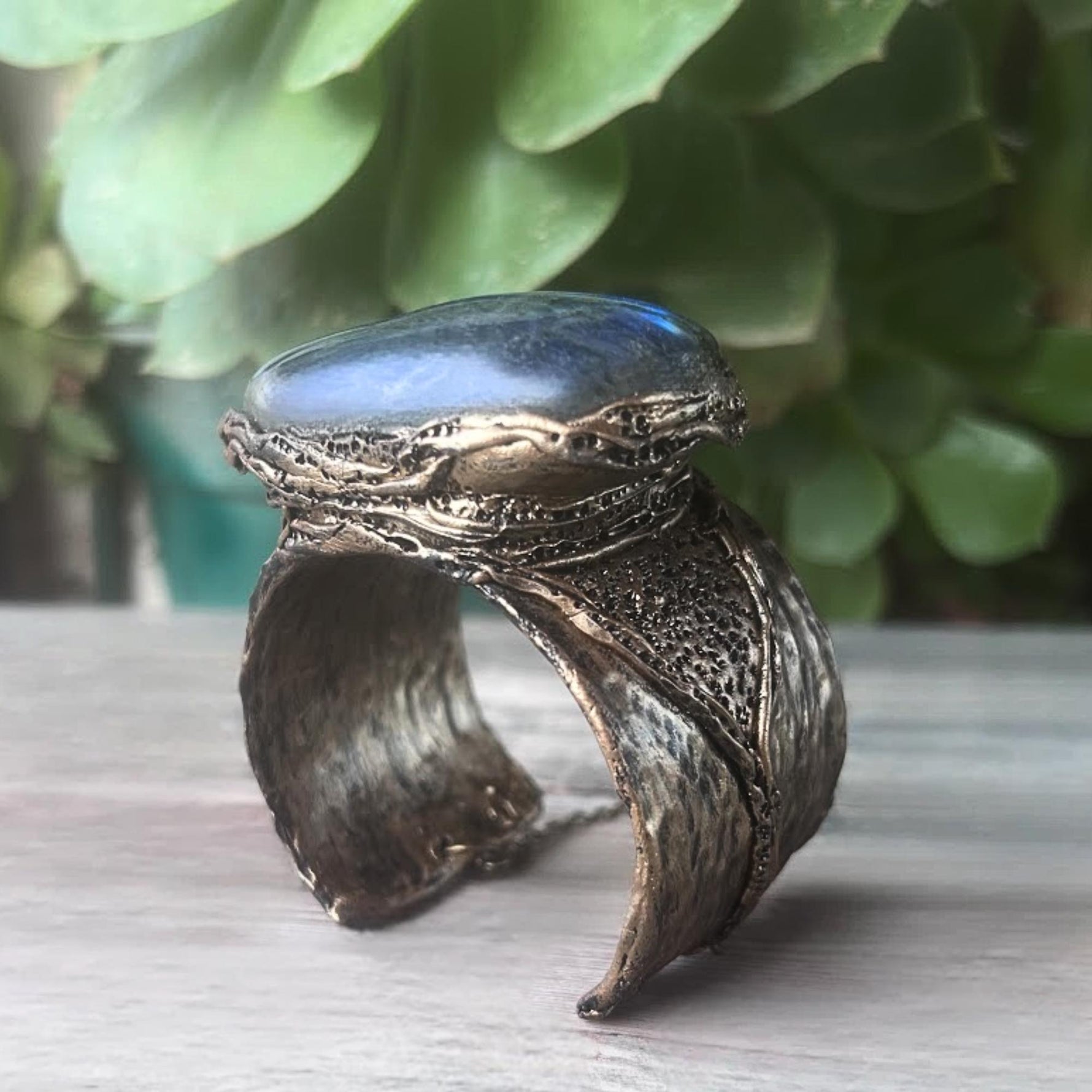 Green Labradorite Wide Cuff Bracelet - Chunky Raw Crystal Statement Jewelry