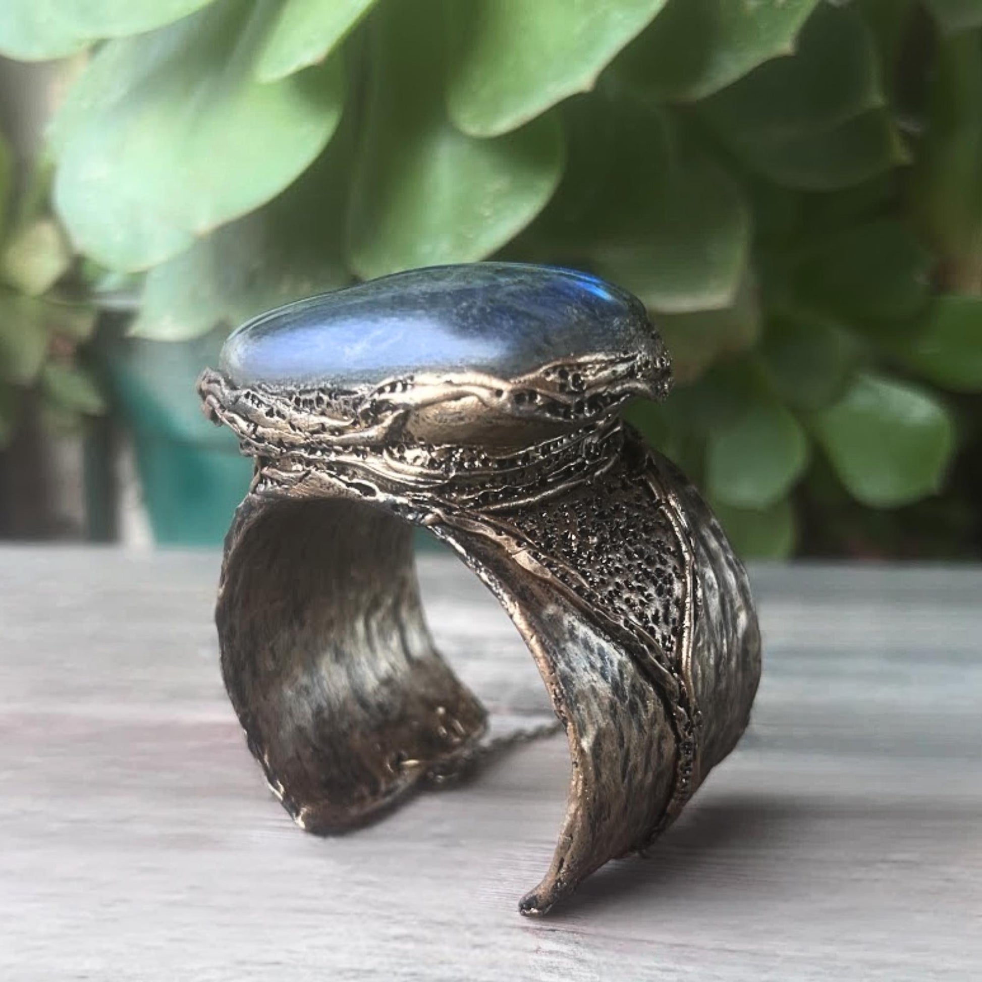 Green Labradorite Wide Cuff Bracelet - Chunky Raw Crystal Statement Jewelry