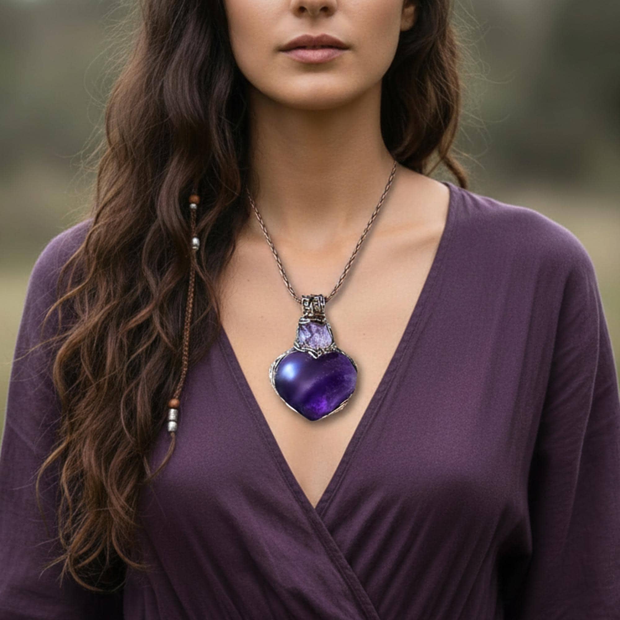 Chunky Amethyst Necklace - Purple Heart Crystal Pendant