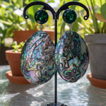 Green Abalone Shell Statement Earrings -  Oversized Dangle Stud Earrings