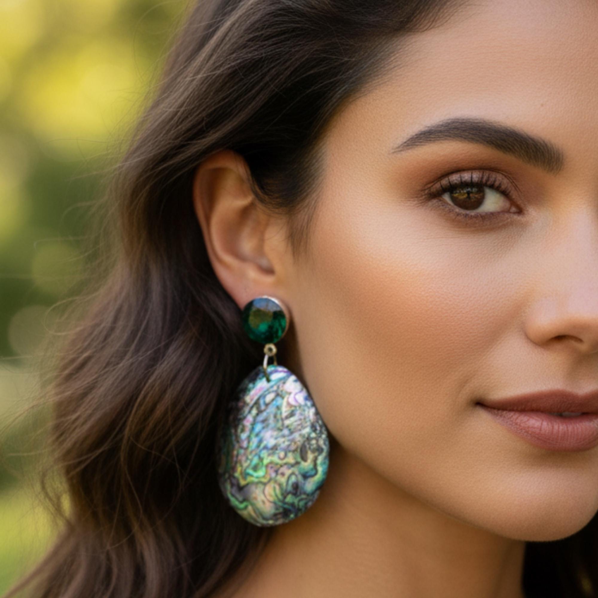 Green Abalone Shell Statement Earrings -  Oversized Dangle Stud Earrings