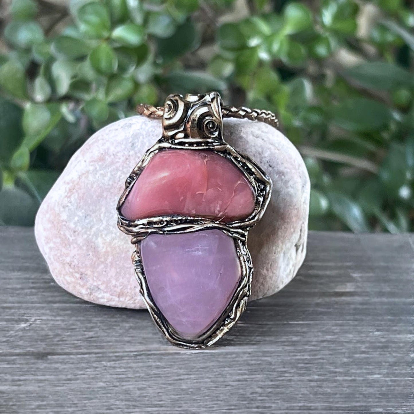 Rose Quartz and Peach Agate Pendant Necklace -  Love Amulet Healing Crystal