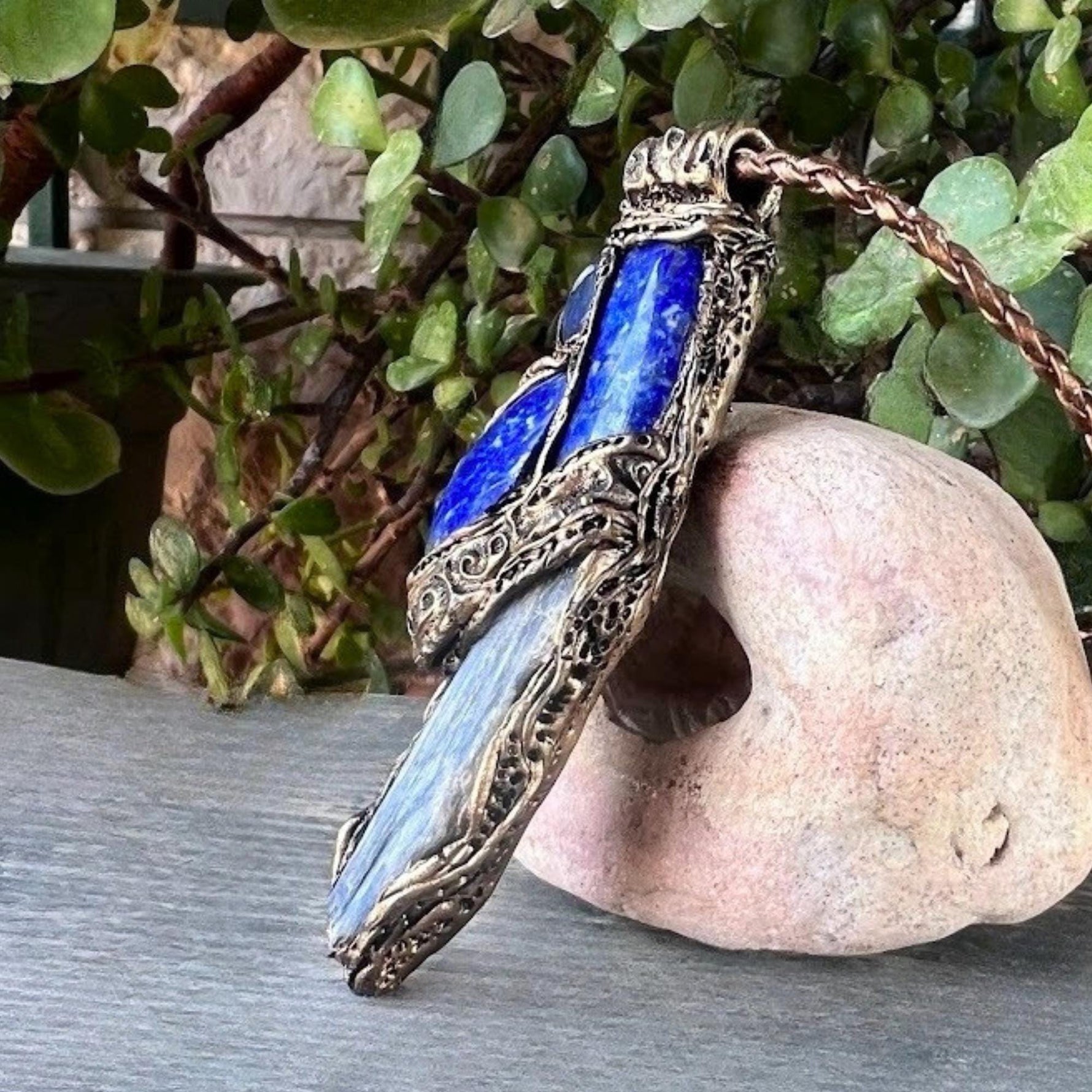 Lapis Lazuli and Blue Kyanite Crystal Pendant Necklace - Raw Healing Stone Amulet