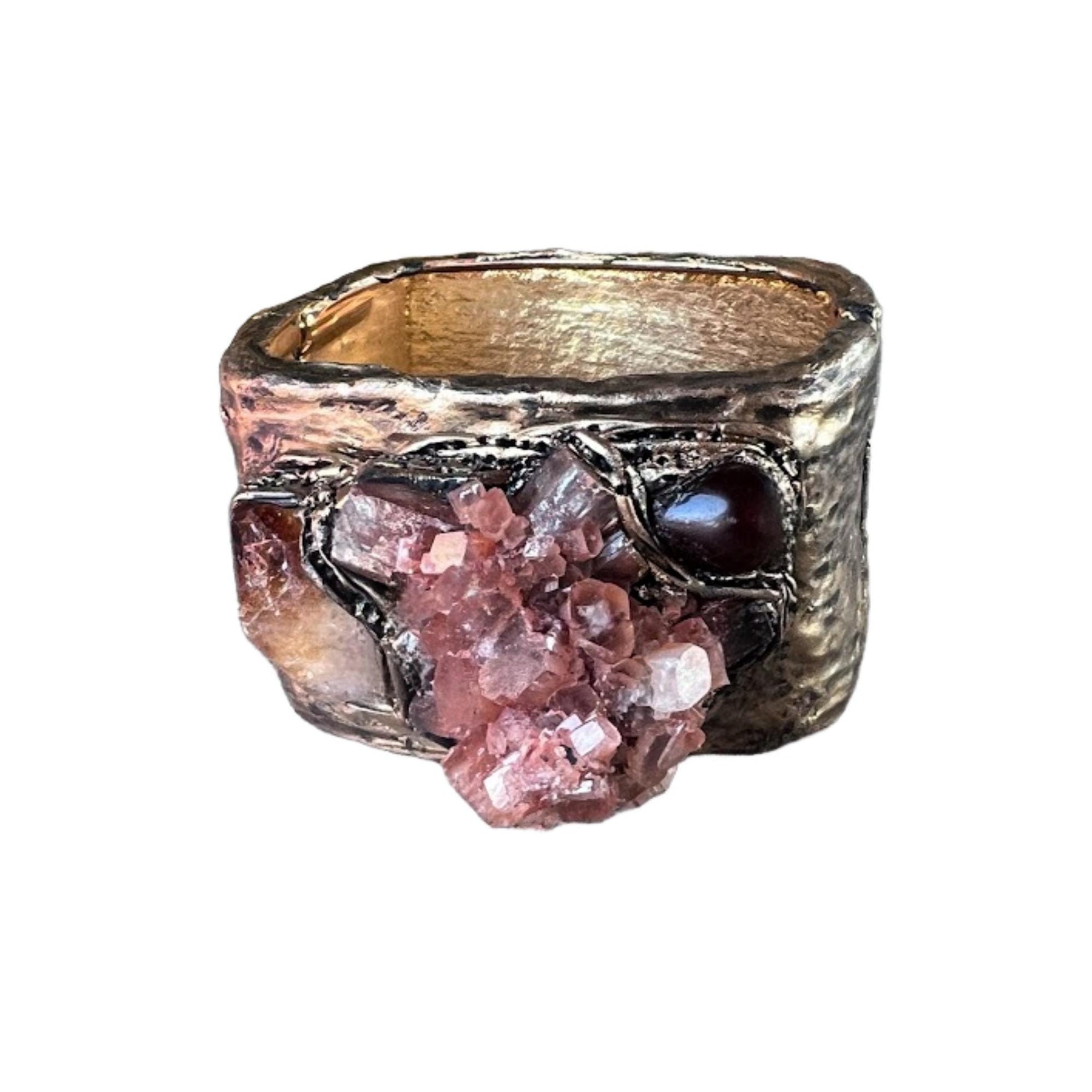 Aragonite Citrine and Carnelian Wide Cuff Bracelet -  Raw Crystal Statement Hinged Bracelet