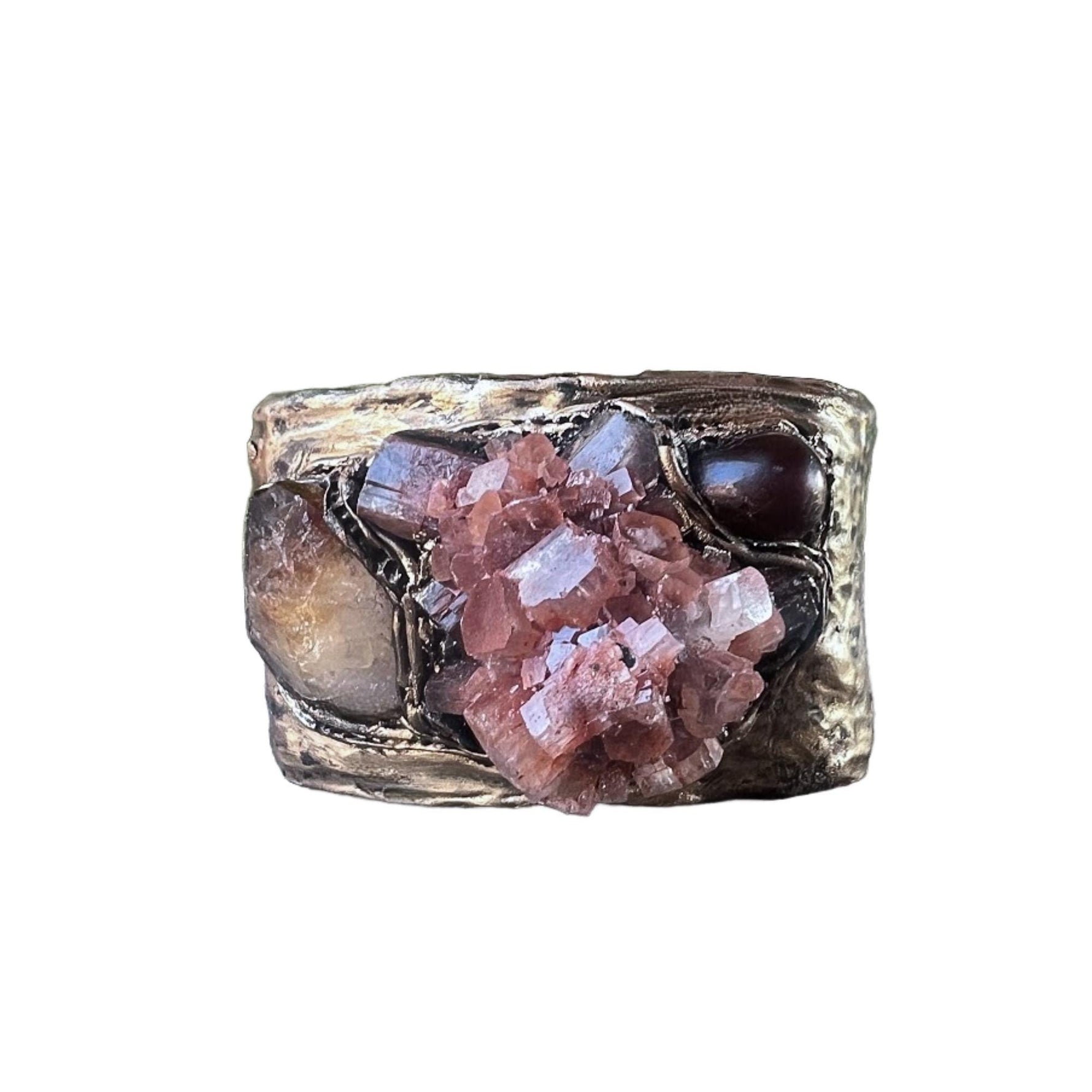 Aragonite Citrine and Carnelian Wide Cuff Bracelet -  Raw Crystal Statement Hinged Bracelet