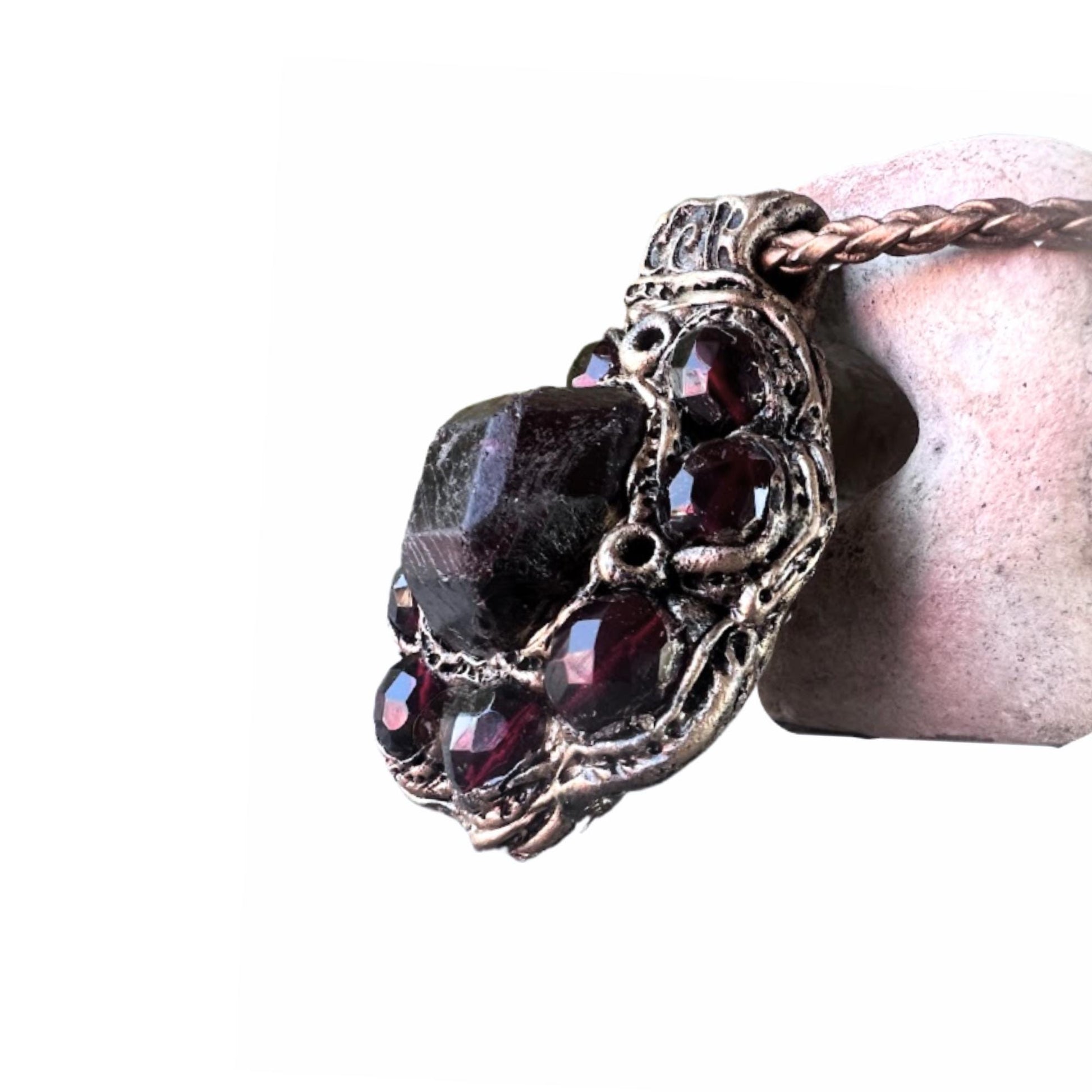 Raw Garnet choker stone necklace red flower crystal pendant