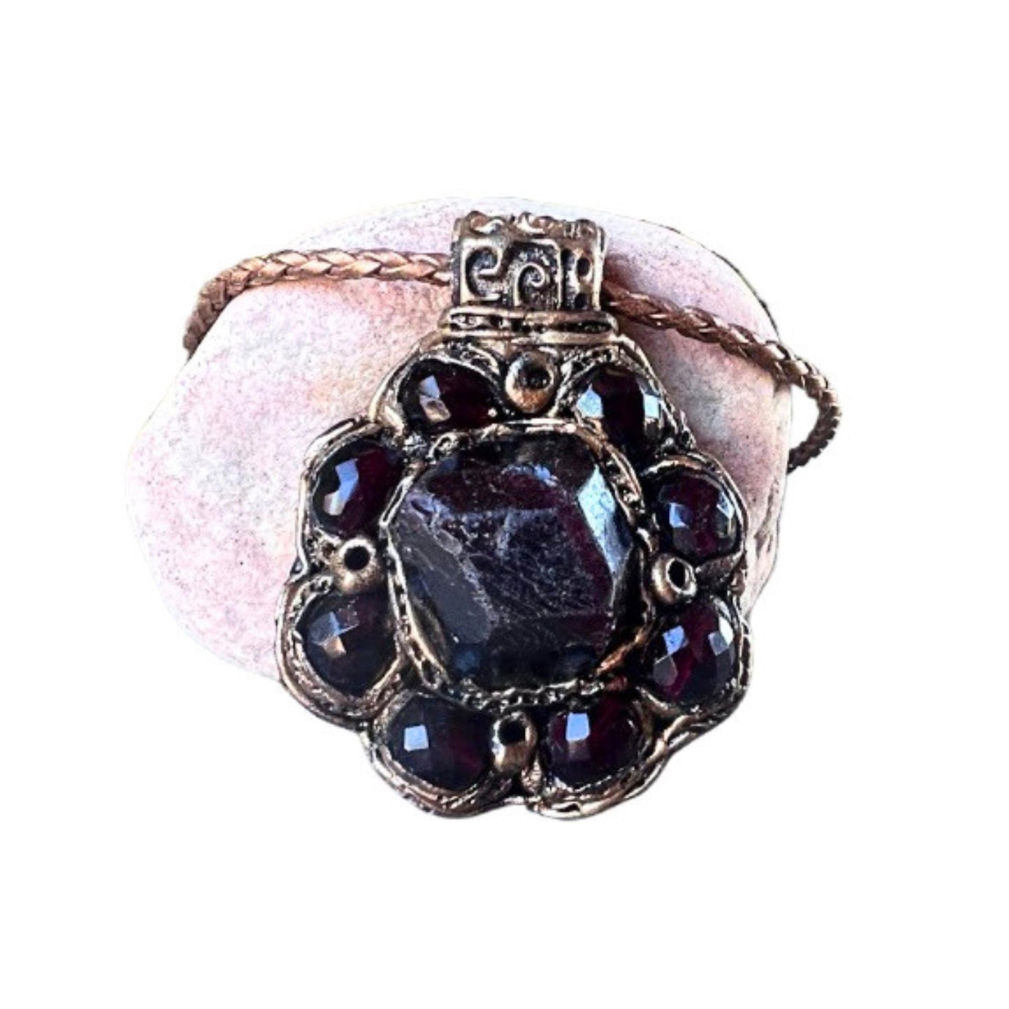 Raw Garnet choker stone necklace red flower crystal pendant