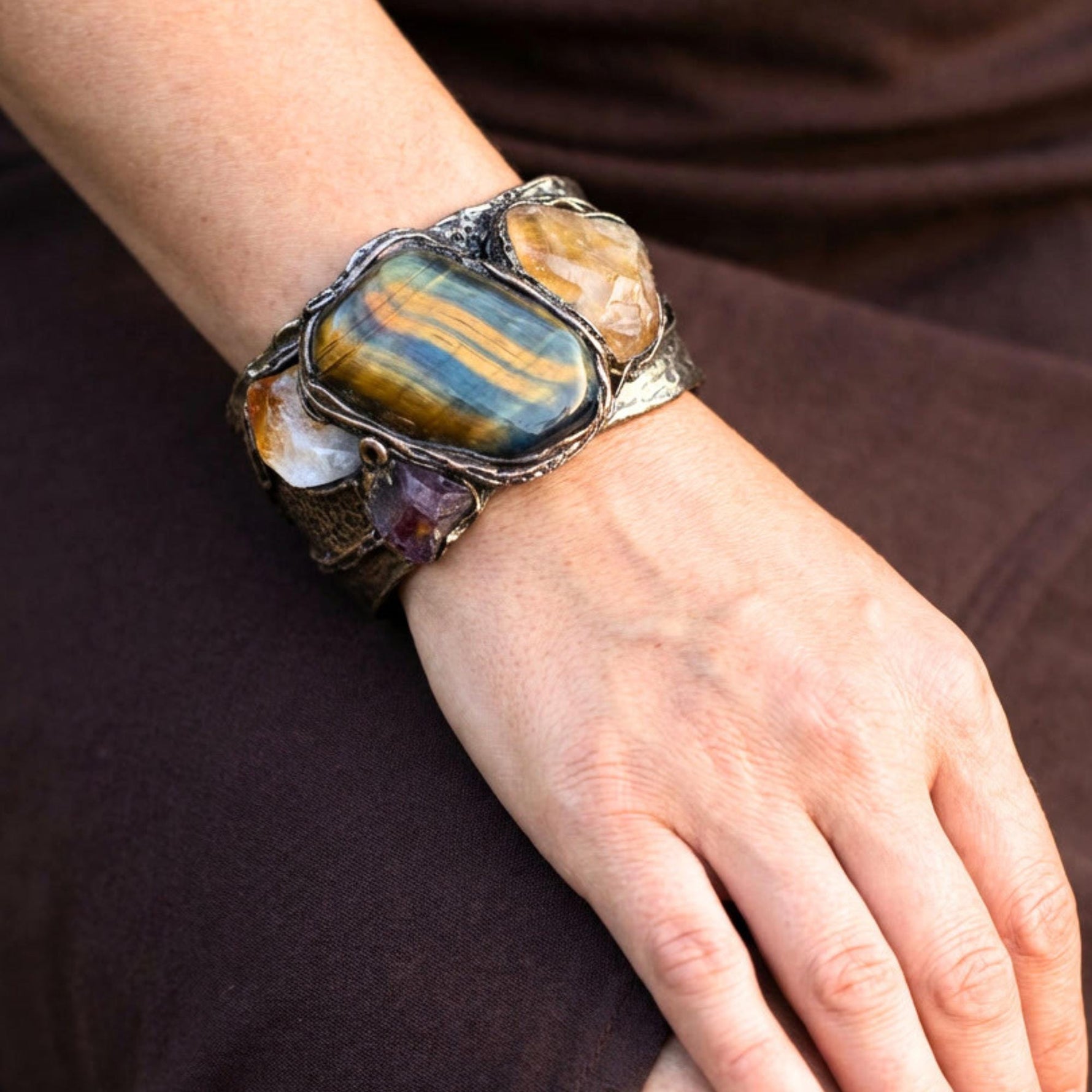 Tiger Eye & Citrine Wide Cuff Bracelet: Chunky Stone Jewelry
