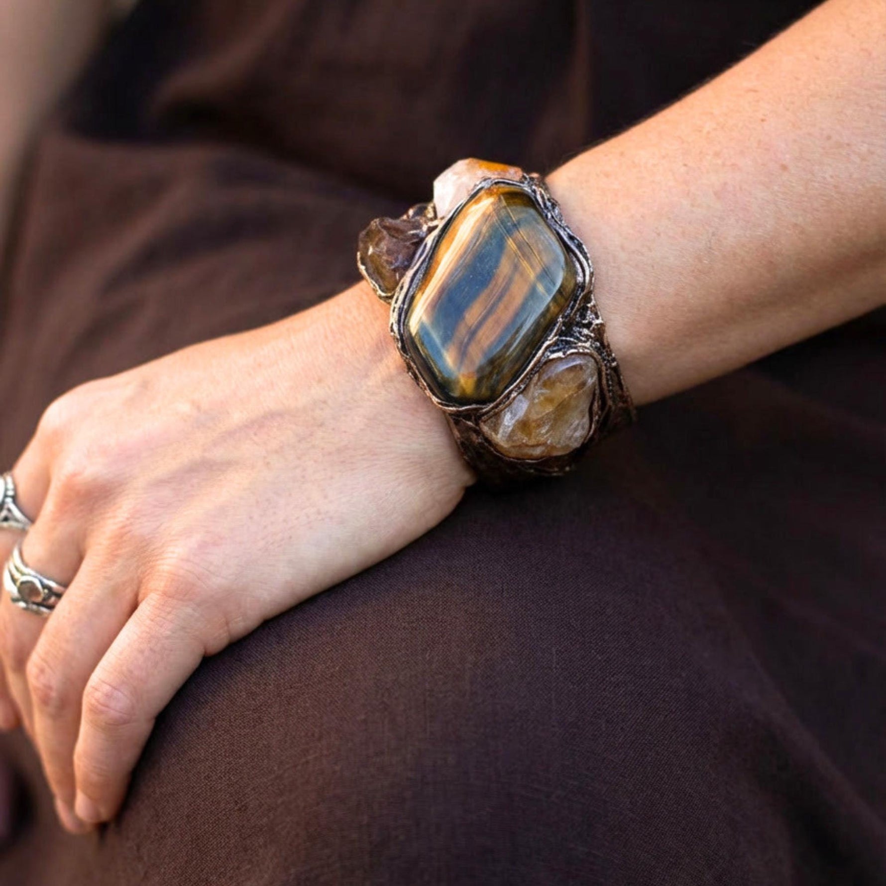 Statement Tiger Eye Ring - Chunky Round Big Gemstone Cocktail Ring