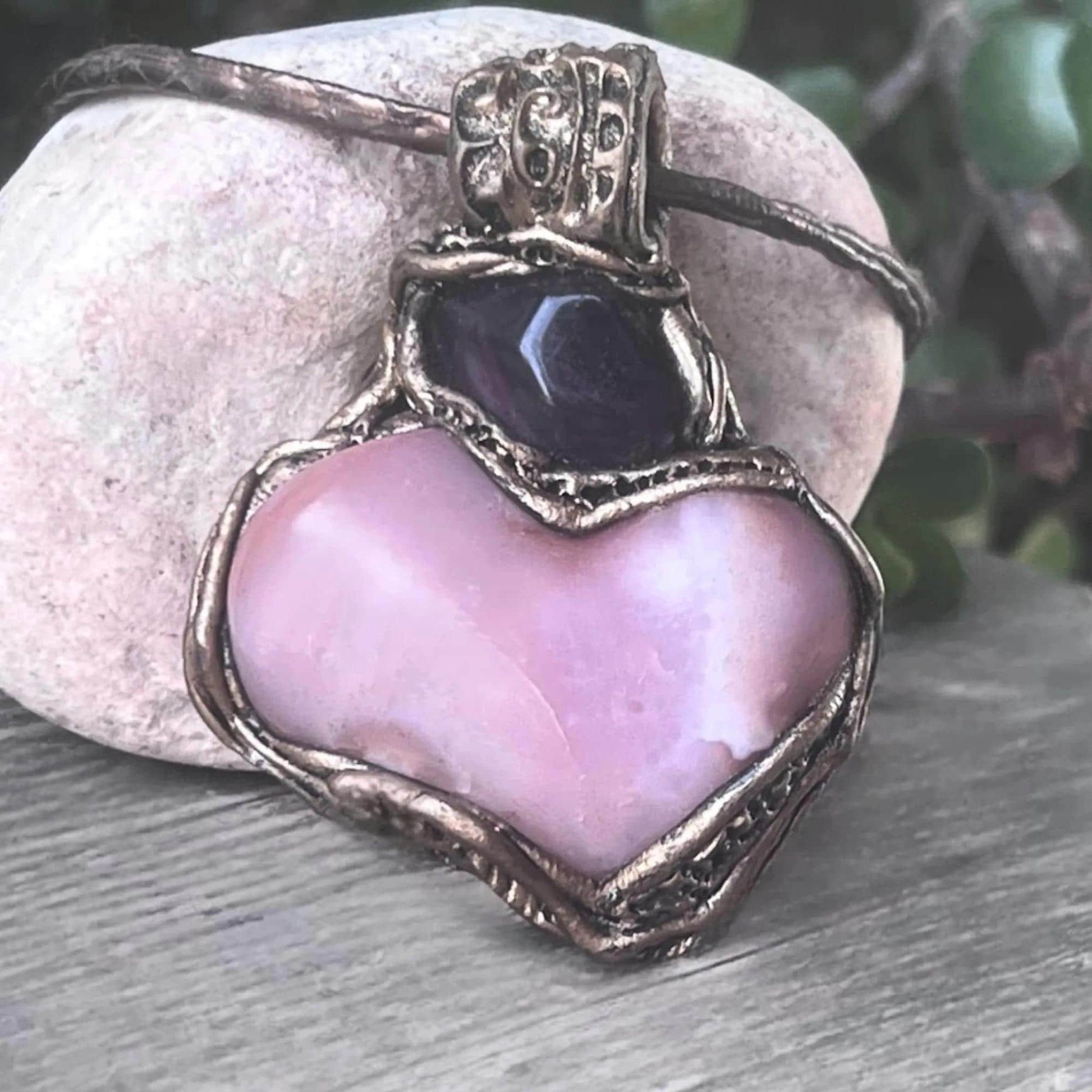Pink Botswana Agate and Fluorite Heart Pendant Necklace -  Large Crystal Amulet