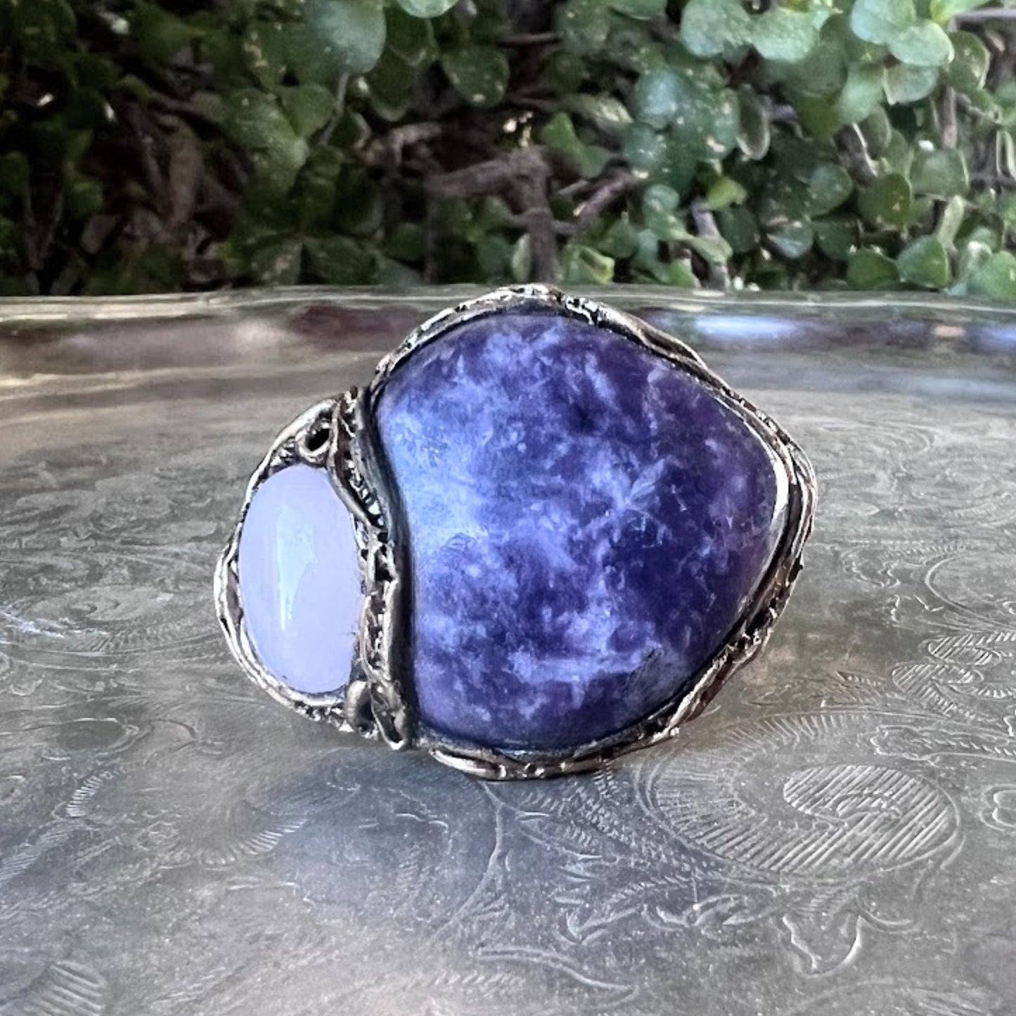 Charoite and Rose Quartz Large Statement Ring -  Purple Chunky Cocktail Ring